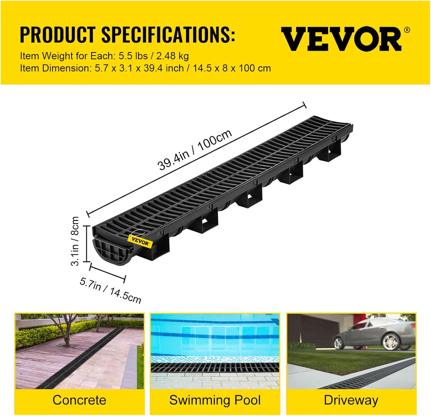 VEVOR Trench Drain System 57x31-Inch HDPE Black 5-Pack