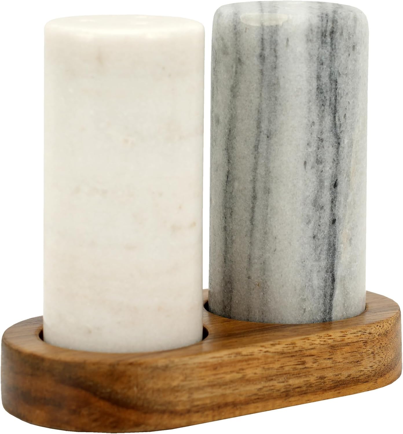 Spiretro Elegant Marble Salt and Pepper Shaker Set with Acacia Wood Holder