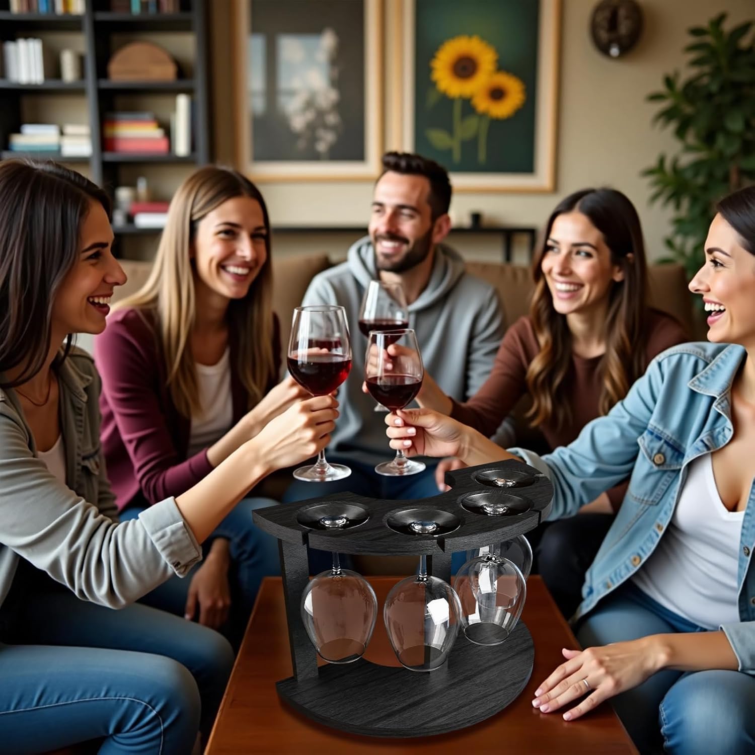 Lacinoeo Wood Wine Glass Rack for 4 Glasses Black 1