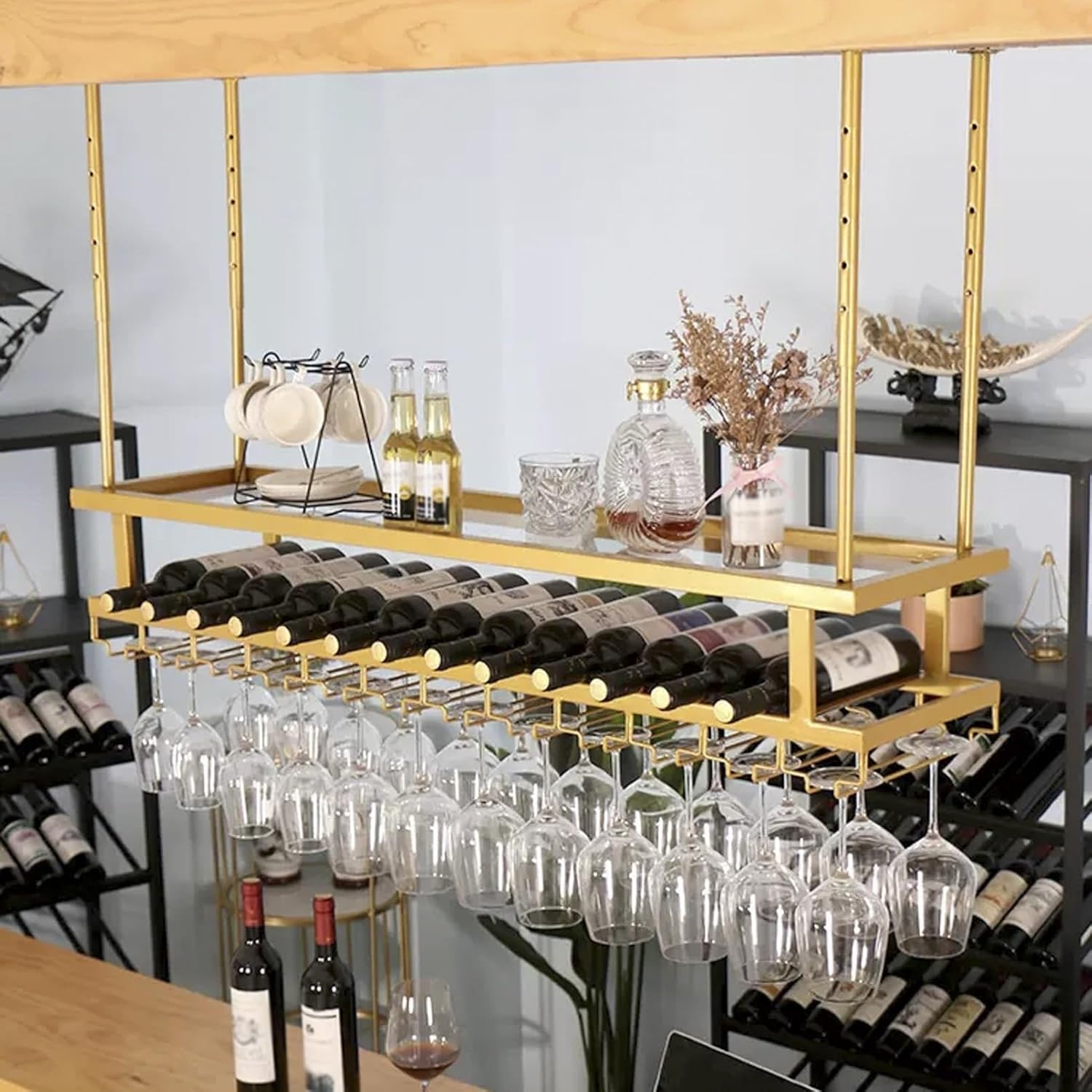 Metal Wine Glass Ceiling Rack with 2 Tiers
