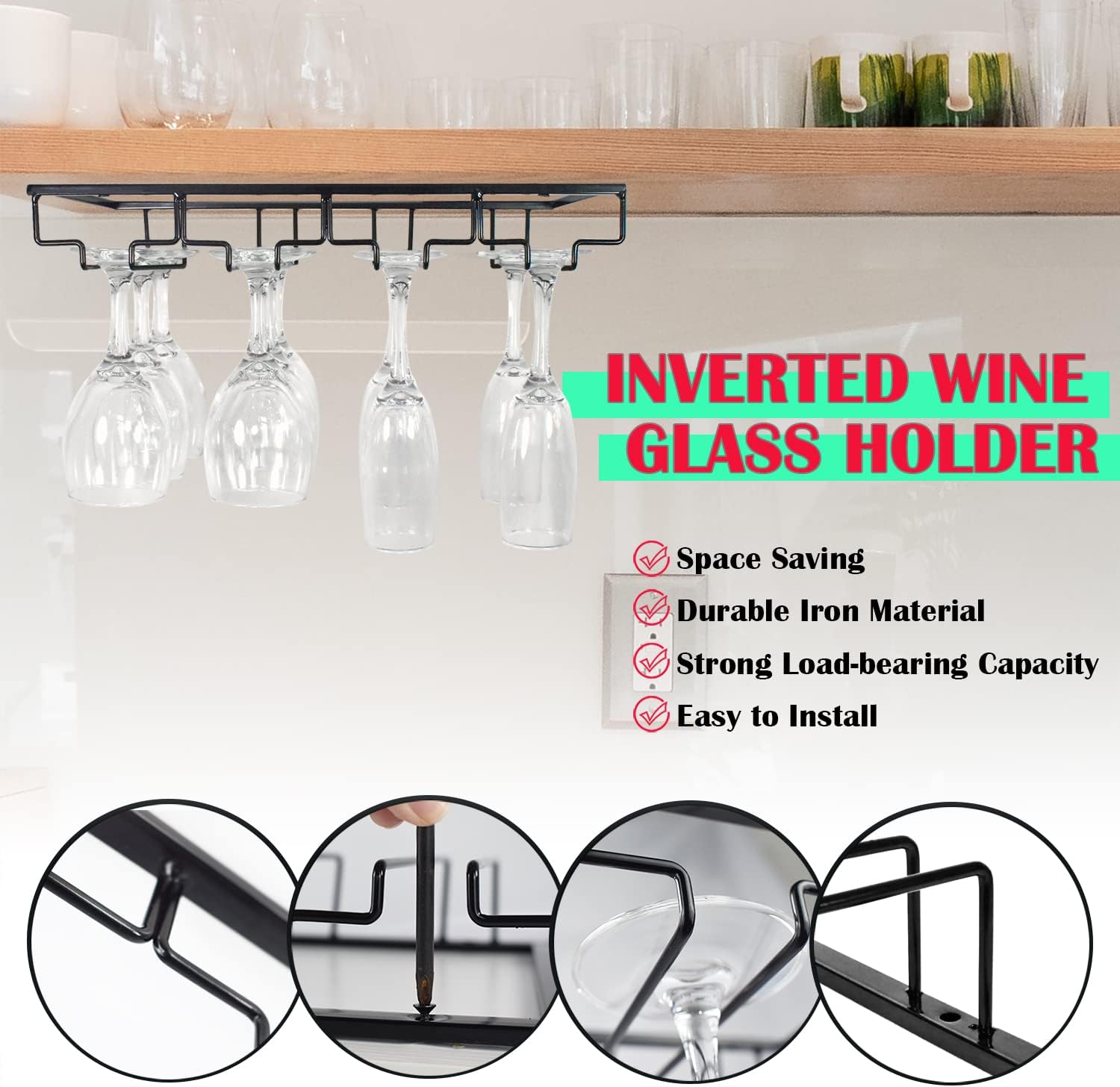 4 Rows Wine Glass Rack Under Cabinet 2 Packs Stemware Holder