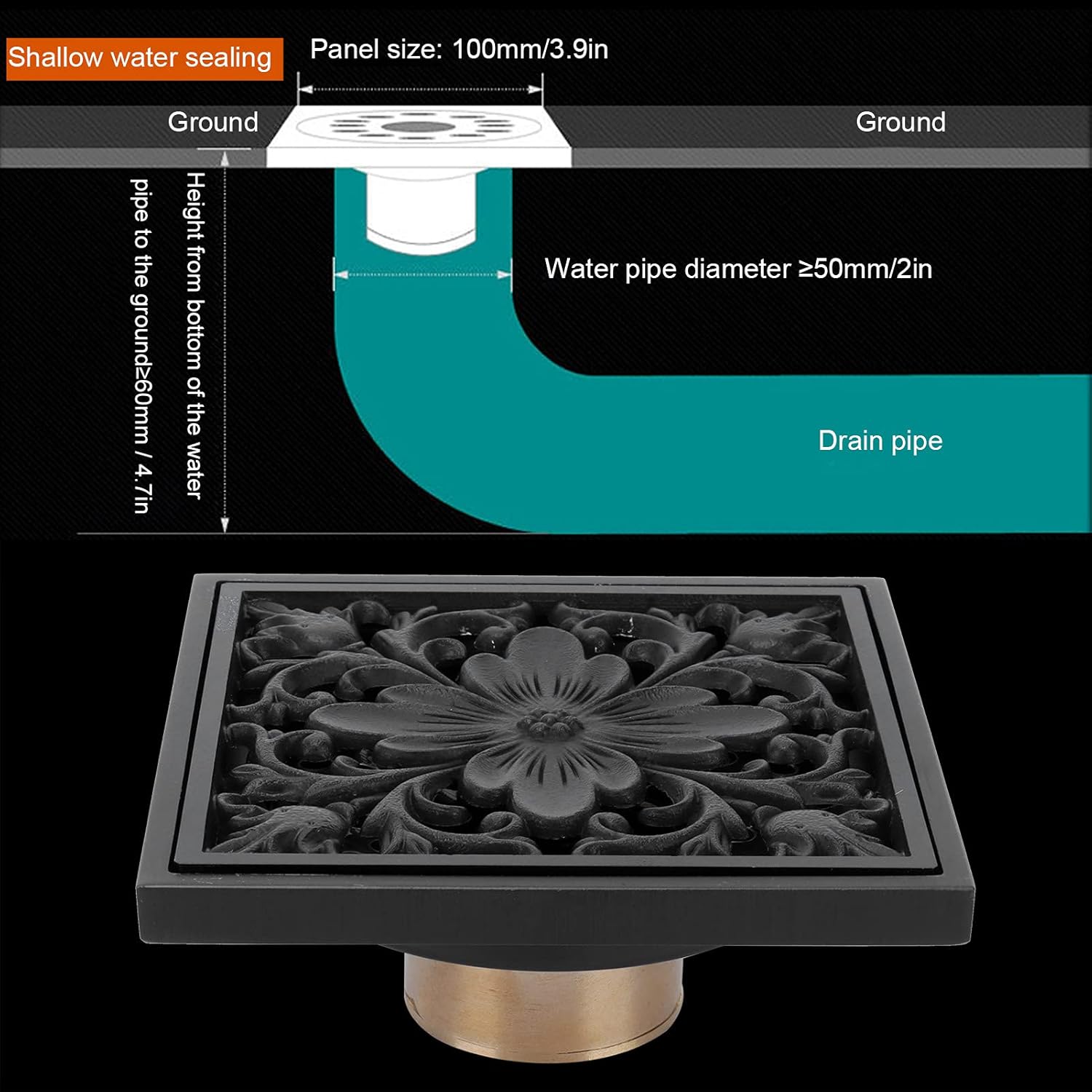 Hapivida Antique Black Square Floor Drain with Strainer