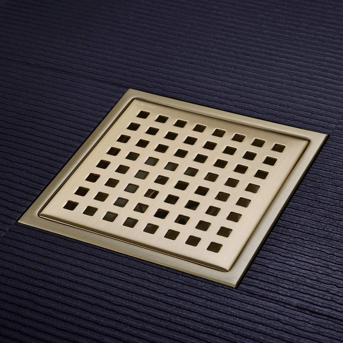 Brushed Gold 6 Inch Square Shower Drain with Adjustable Base Flange 1