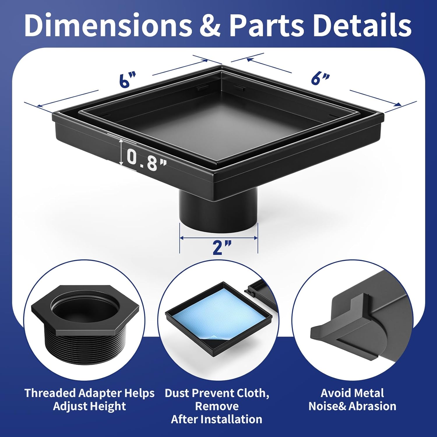 Bernkot Square Shower Drain 6 with 2 PVC Flange Base Matte Black
