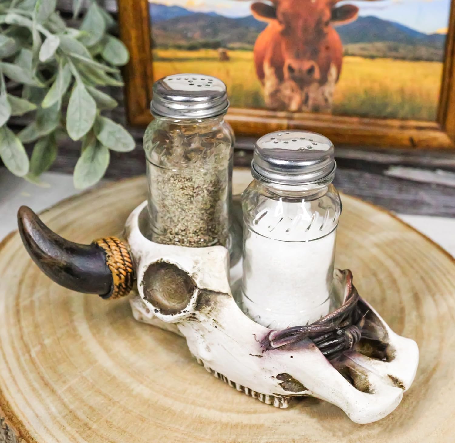 Ebros Gift Rustic Western Cow Skull Salt Pepper Shaker Set