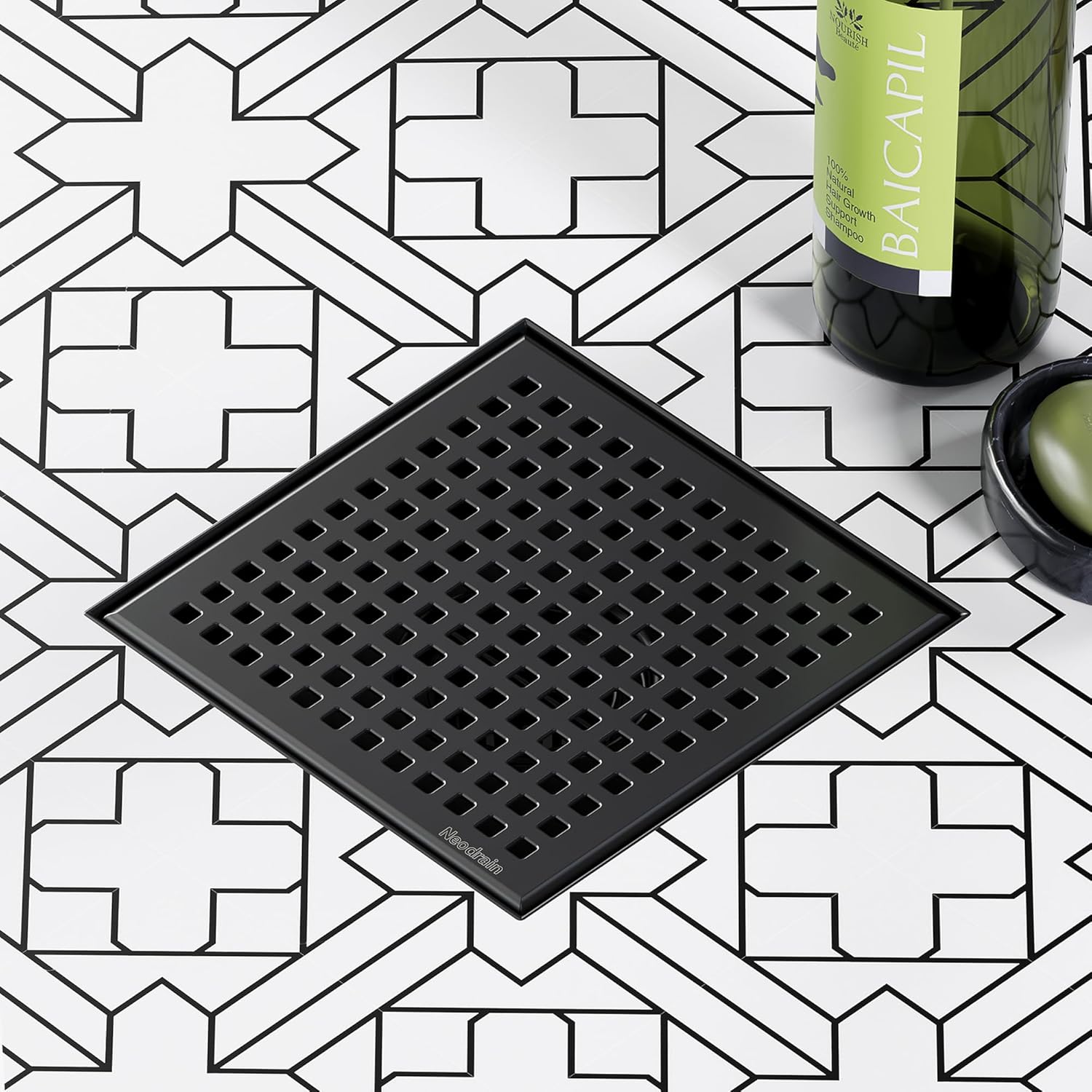 Neodrain 6 Square Shower Drain with Matte Black Hair Strainer