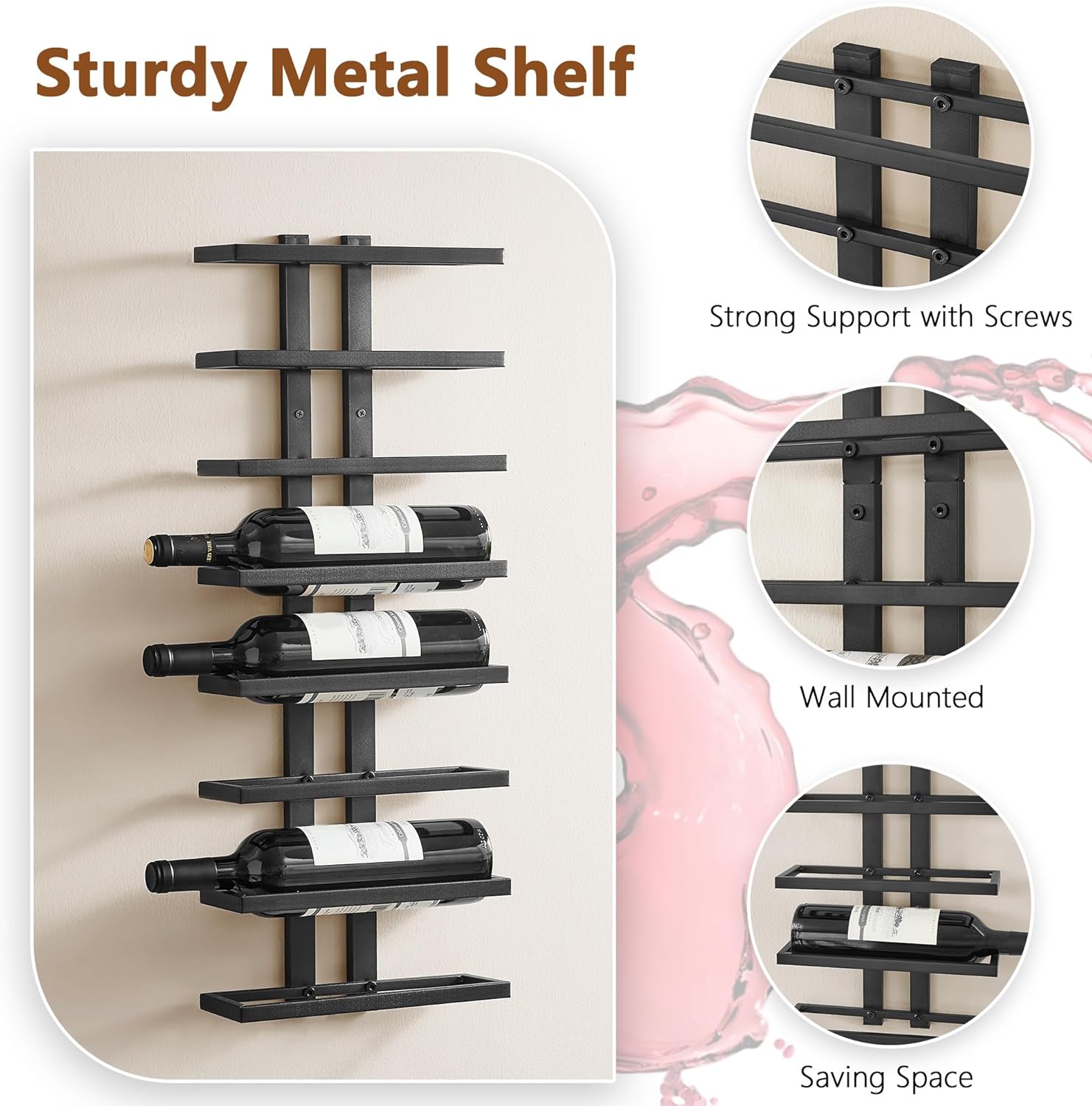 Hoctieon 3-Set 8 Tier Wall Mounted Wine Rack Black