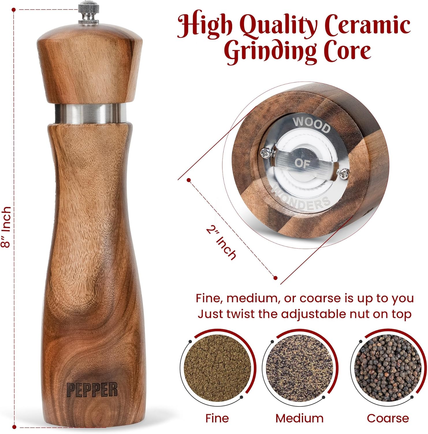 Wooden Salt Pepper Grinder Set 8 Inches