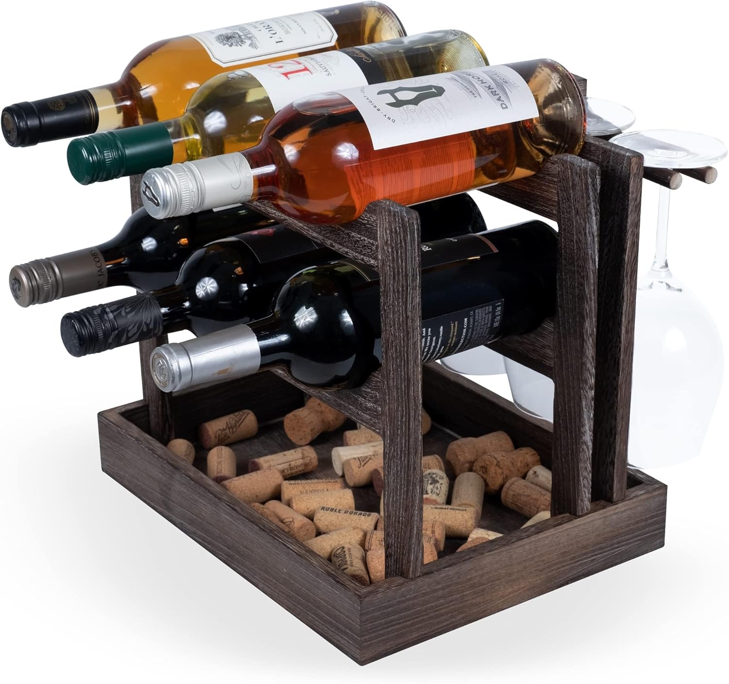 Rustic State Burnt Brown Wood Wine Rack for 6 Bottles 4 Glasses