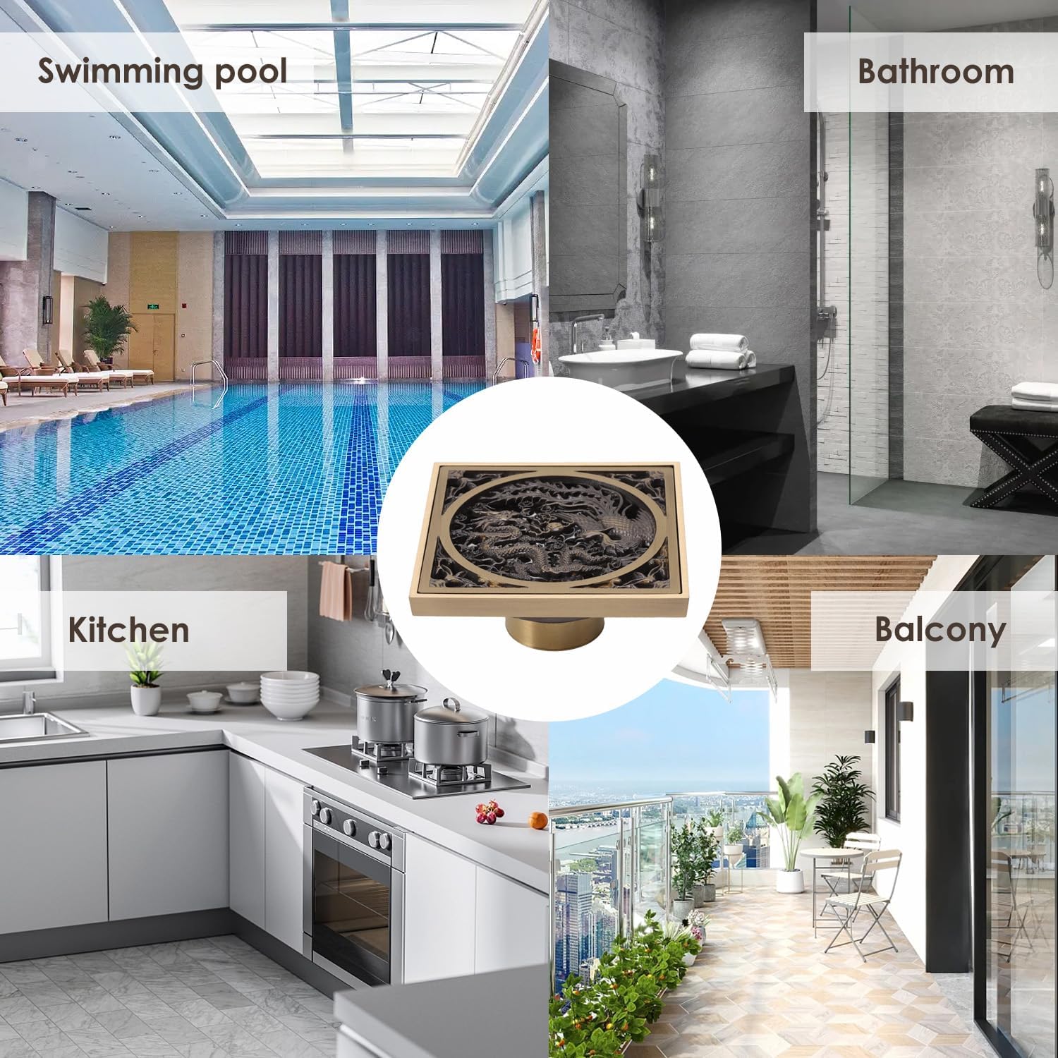 Stainless Steel Copper Square Floor Drain with Dragon Phoenix Design