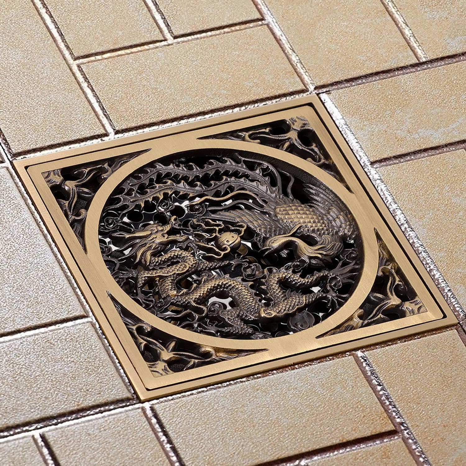 Stainless Steel Copper Square Floor Drain with Dragon Phoenix Design