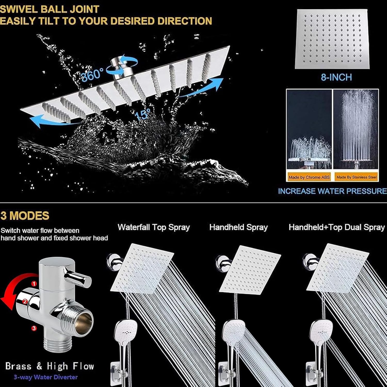 NearMoon Handheld Shower Head with 8 Inch Hose and 3 Settings