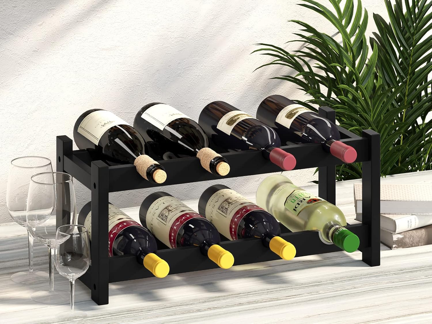 BAMEOS 8-Bottle Freestanding Bamboo Wine Rack