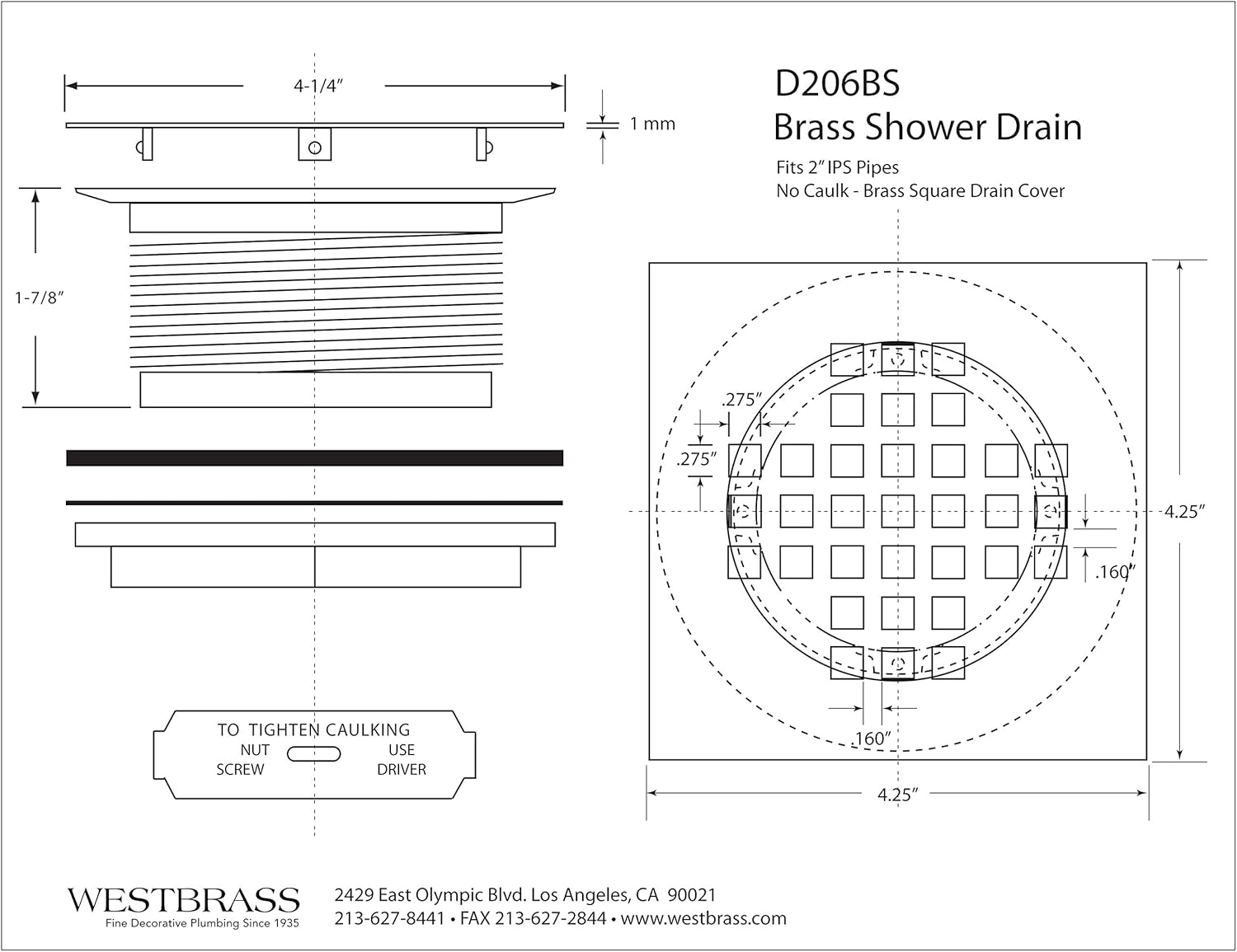 Westbrass 2 Brass Drain with Square Cover and Oil Rubbed Bronze