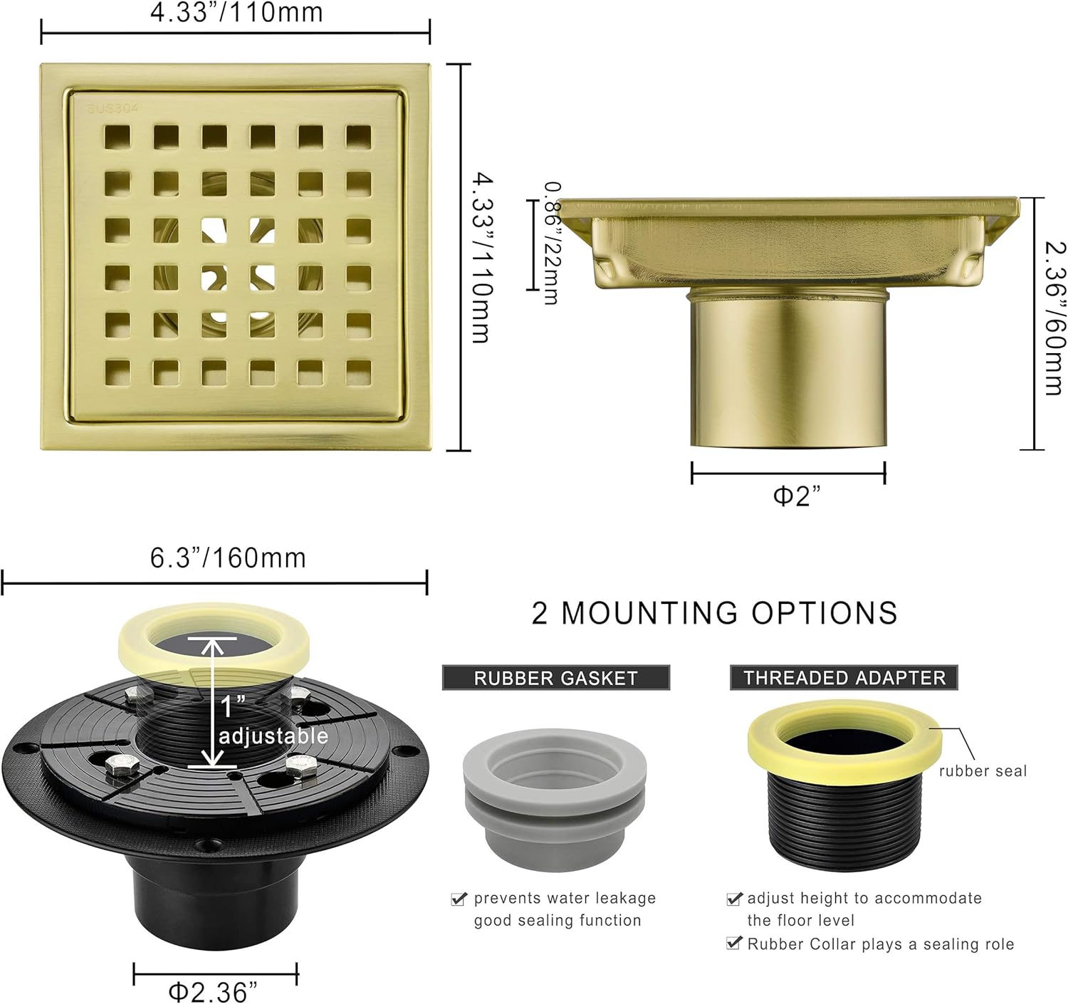 4 Inch Square Shower Drain with Brushed Gold Finish 1
