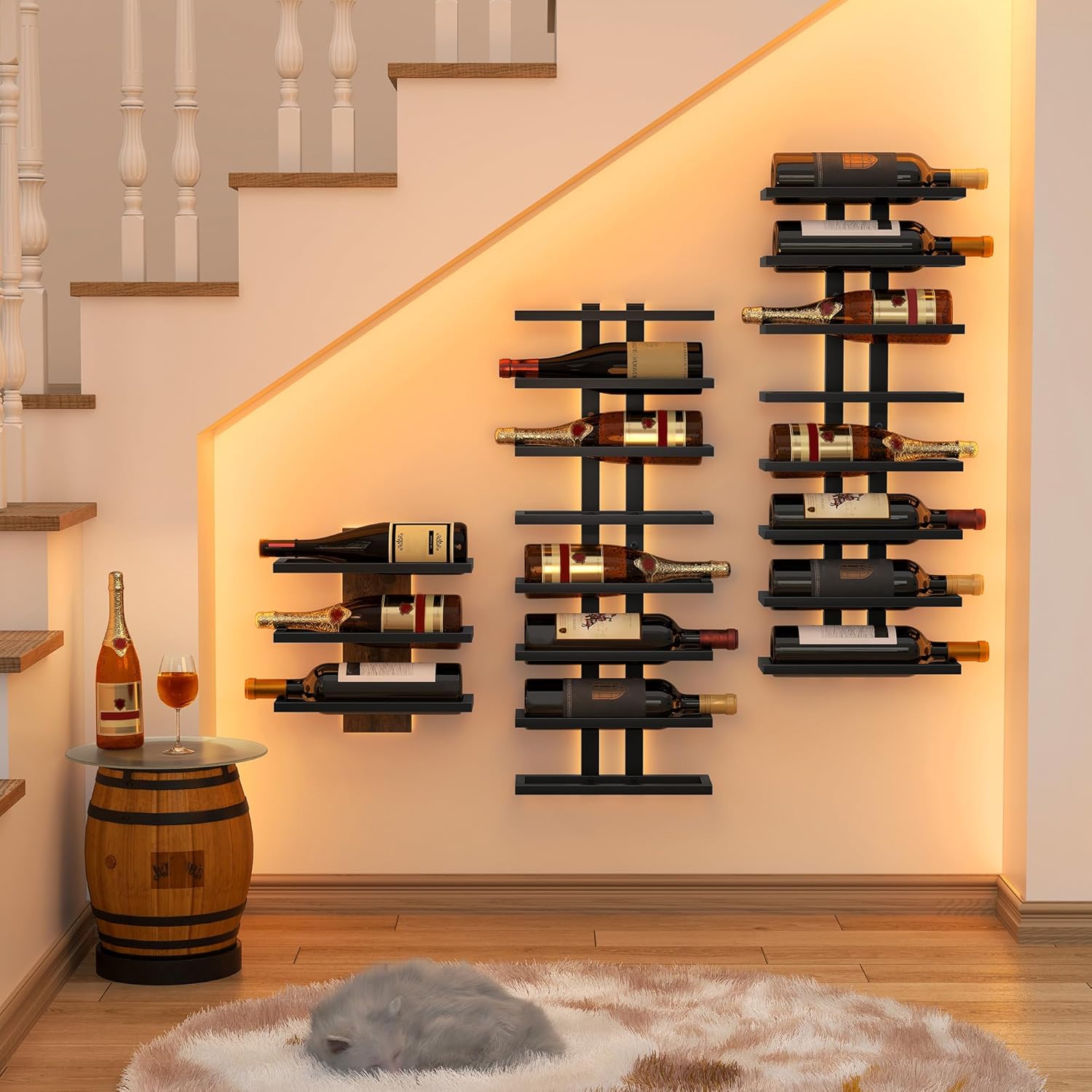 Hoctieon 3-Set 8 Tier Wall Mounted Wine Rack Black