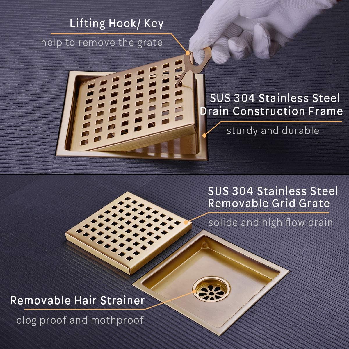 Brushed Gold 6 Inch Square Shower Drain with Adjustable Base Flange 1
