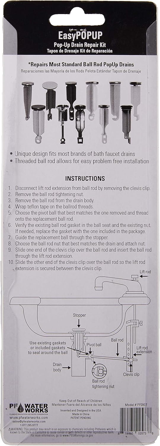PermaFLOW PF0907 Pop-Up Drain Repair Kit - Chrome Adjustable Ball Rod