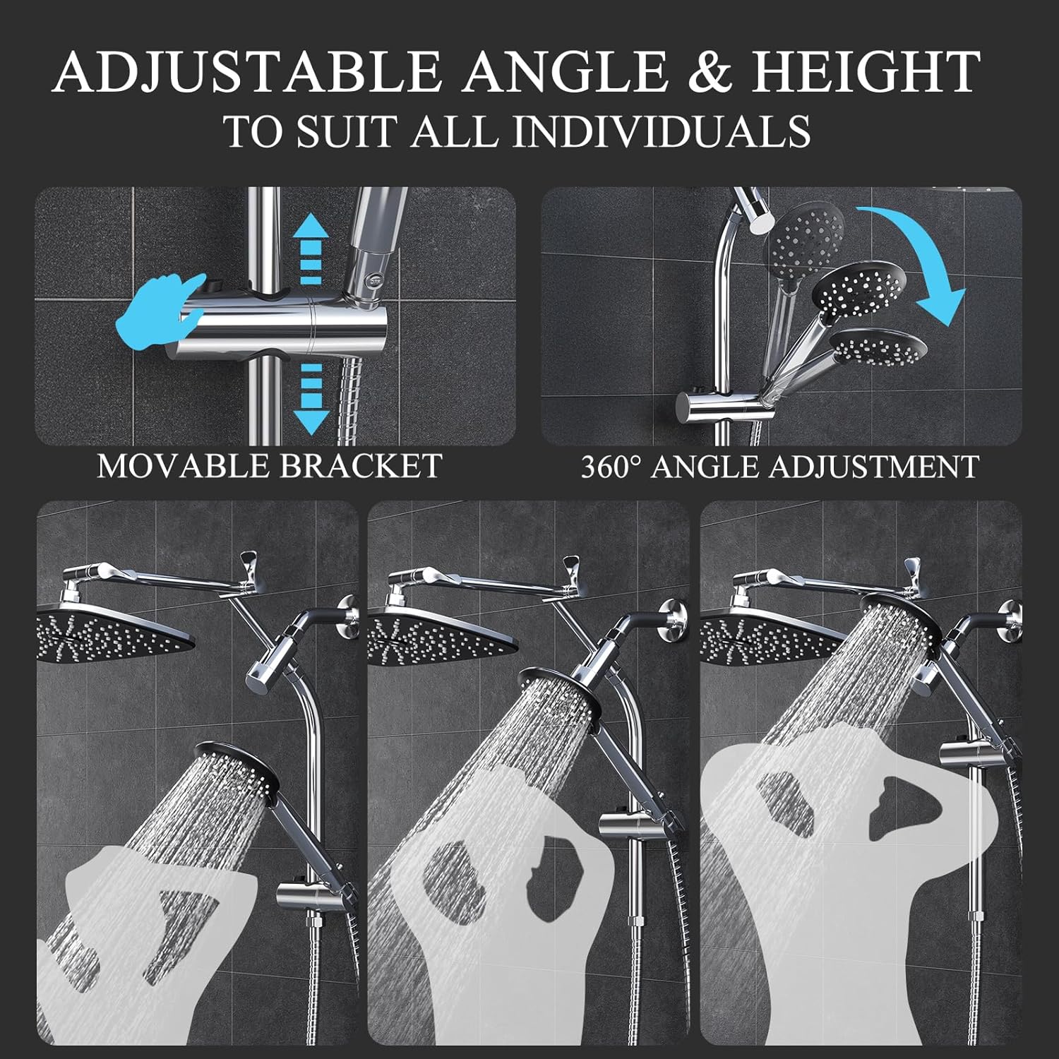 Veken 118 Inch Shower Head with 6 Modes and Adjustable Slide Bar