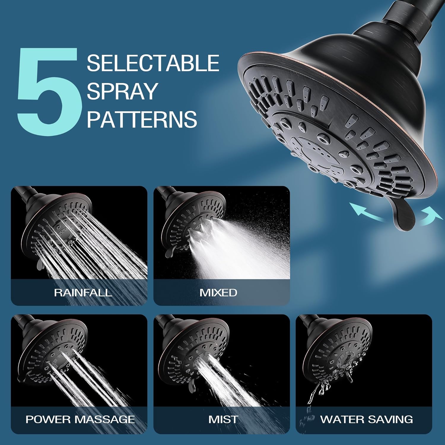 BRIGHT SHOWERS High Pressure Showerhead with 5 Spray Settings