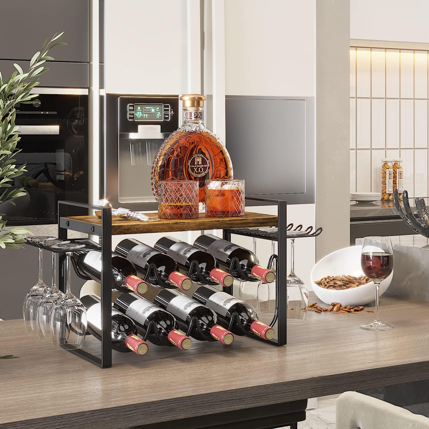 JAFUSI Wine Rack 8 Bottles Storage Shelf Stand with Glasses Hooks