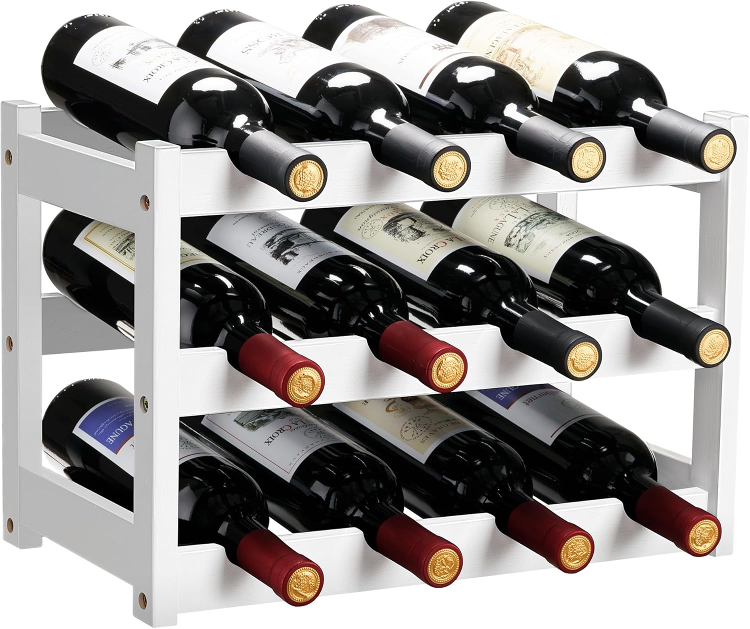 VASMIA Bamboo Wine Rack 12 Bottles 3-Tier White
