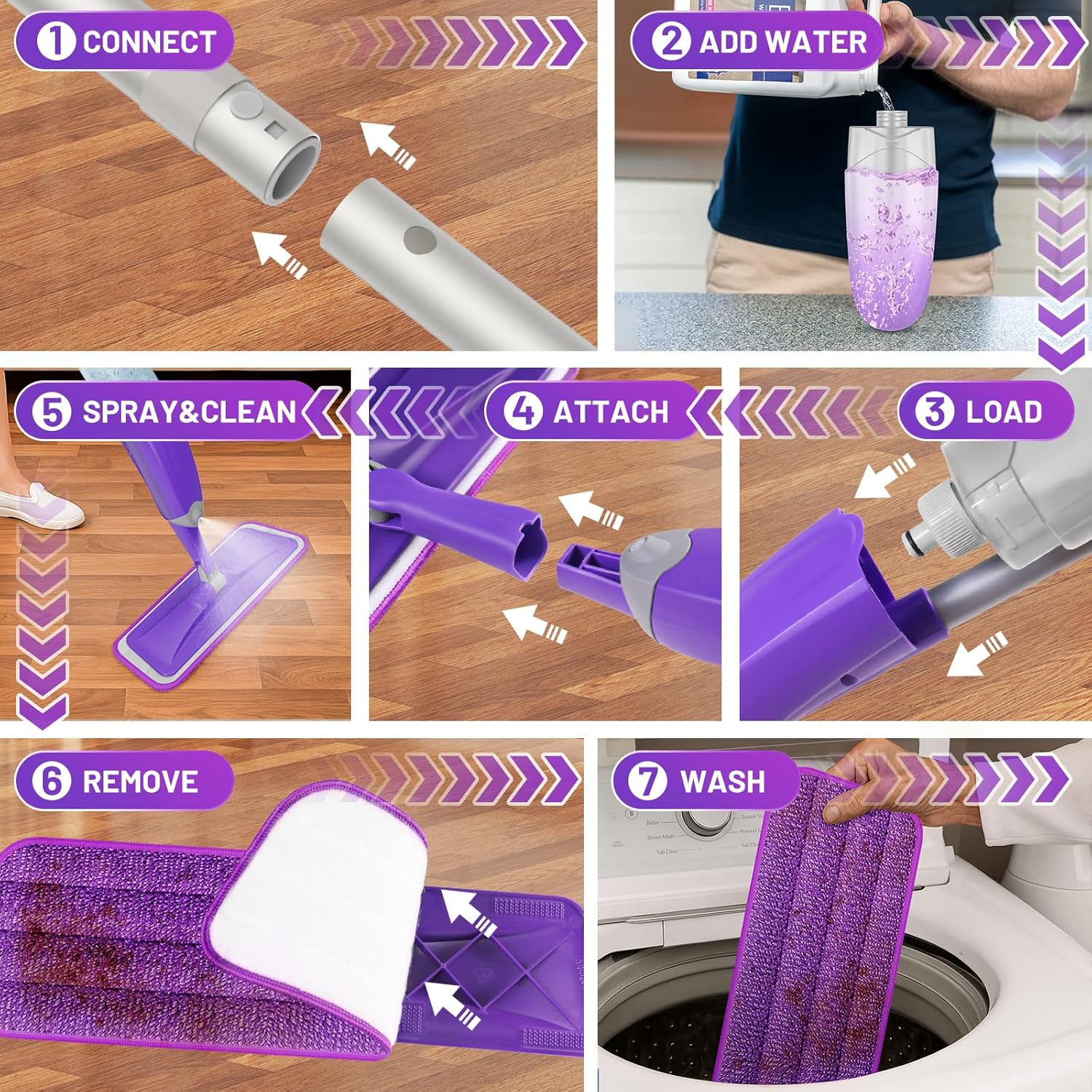 HOMTOYOU Spray Mop with 3 Microfiber Pads