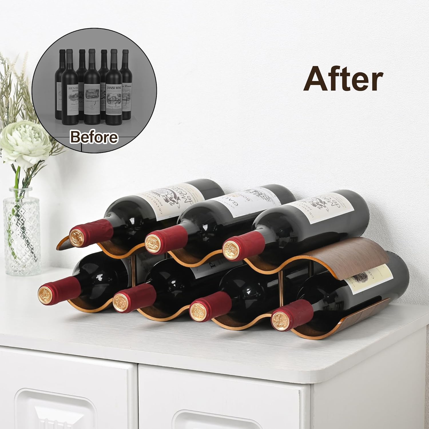 TRUDING 7 Bottle Tabletop Wine Rack - 2 Tier Walnut Wavy Holder Stand