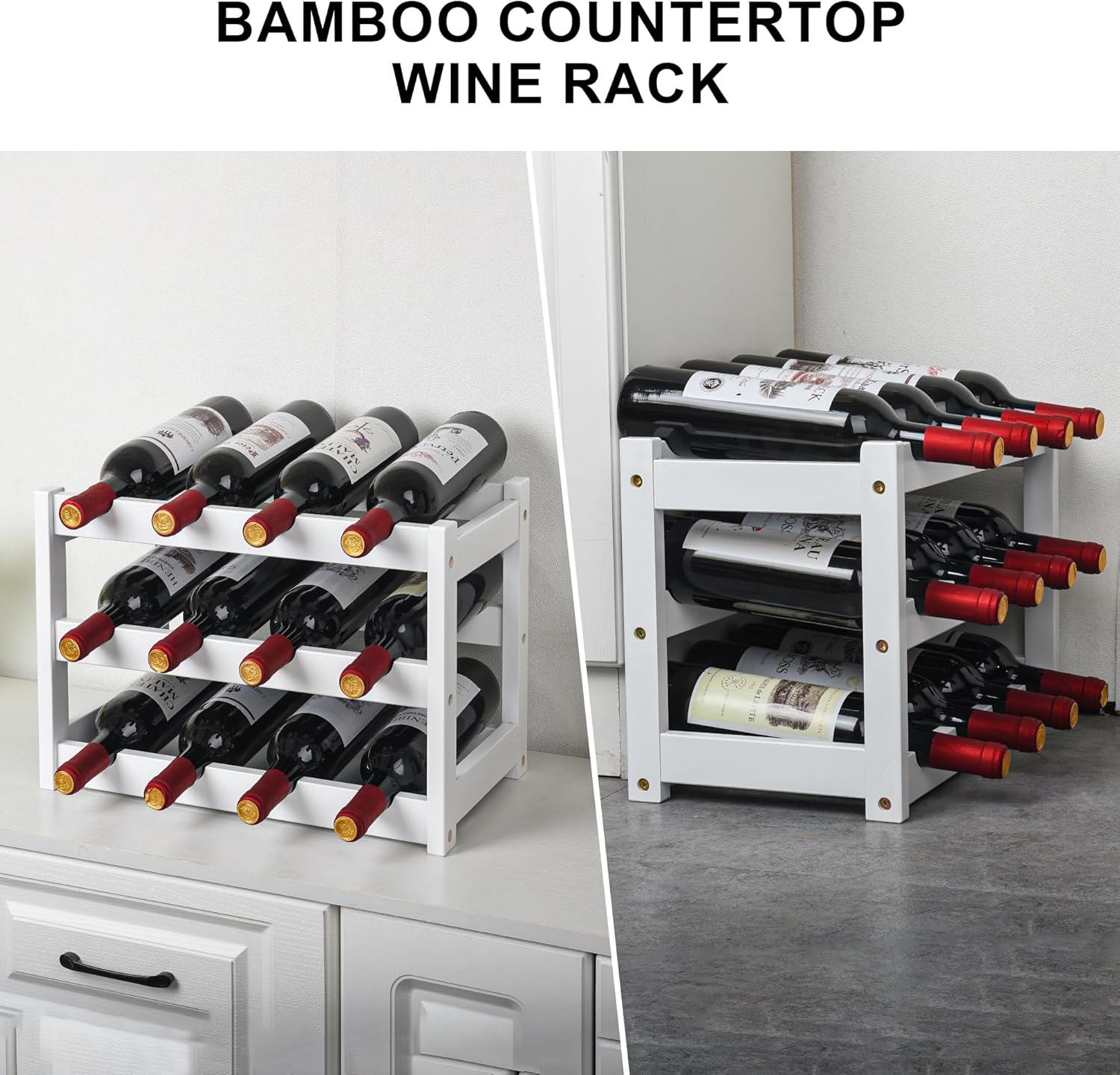 VASMIA Bamboo Wine Rack 12 Bottles 3-Tier White
