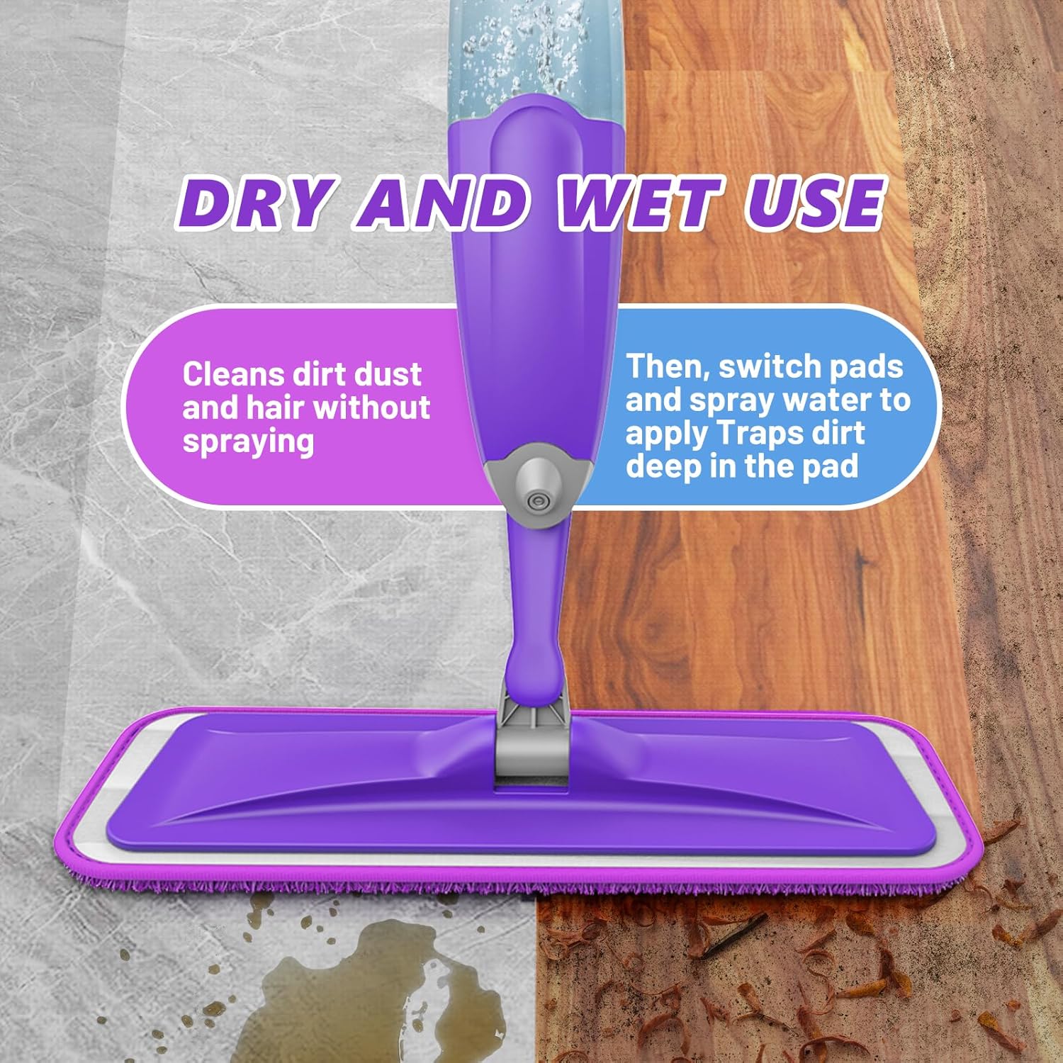 HOMTOYOU Spray Mop with 3 Microfiber Pads