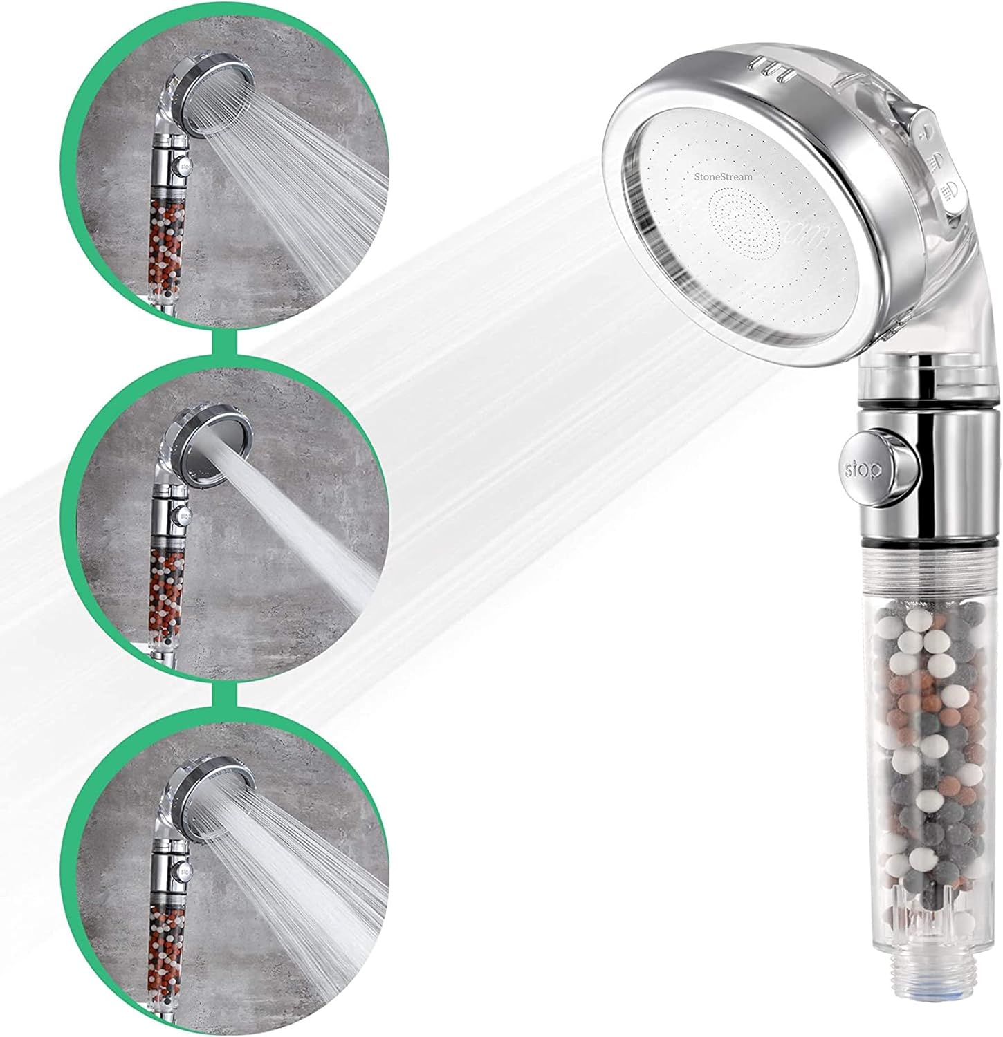 StoneStream EcoPower High Pressure Handheld Shower Head with 3 Spray Modes
