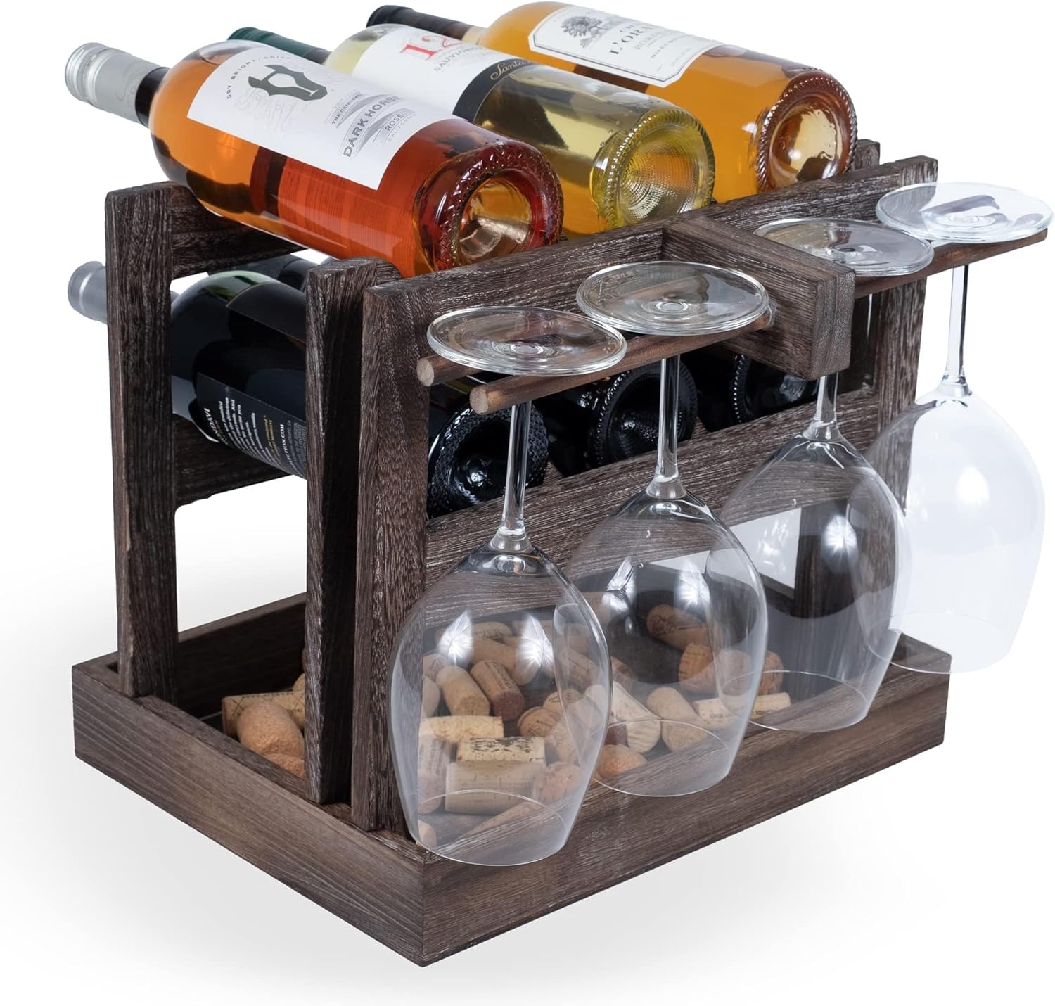 Rustic State Burnt Brown Wood Wine Rack for 6 Bottles 4 Glasses