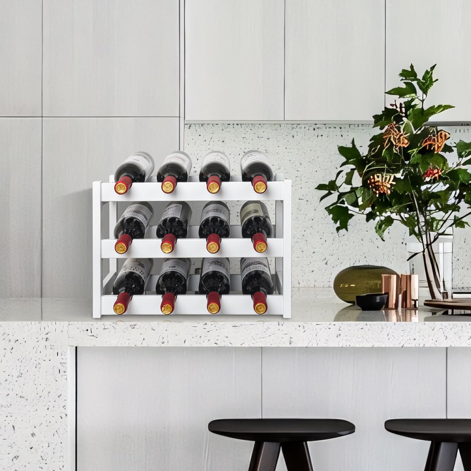 VASMIA Bamboo Wine Rack 12 Bottles 3-Tier White