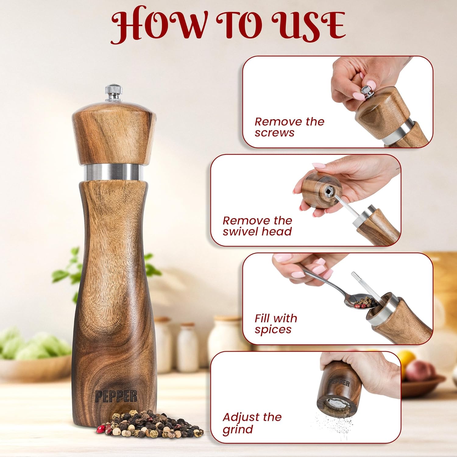 Wooden Salt Pepper Grinder Set 8 Inches