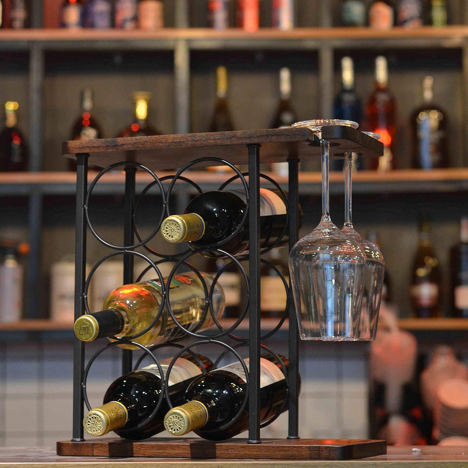 SASIDO Wooden Wine Rack with Tray and Glasses Holder