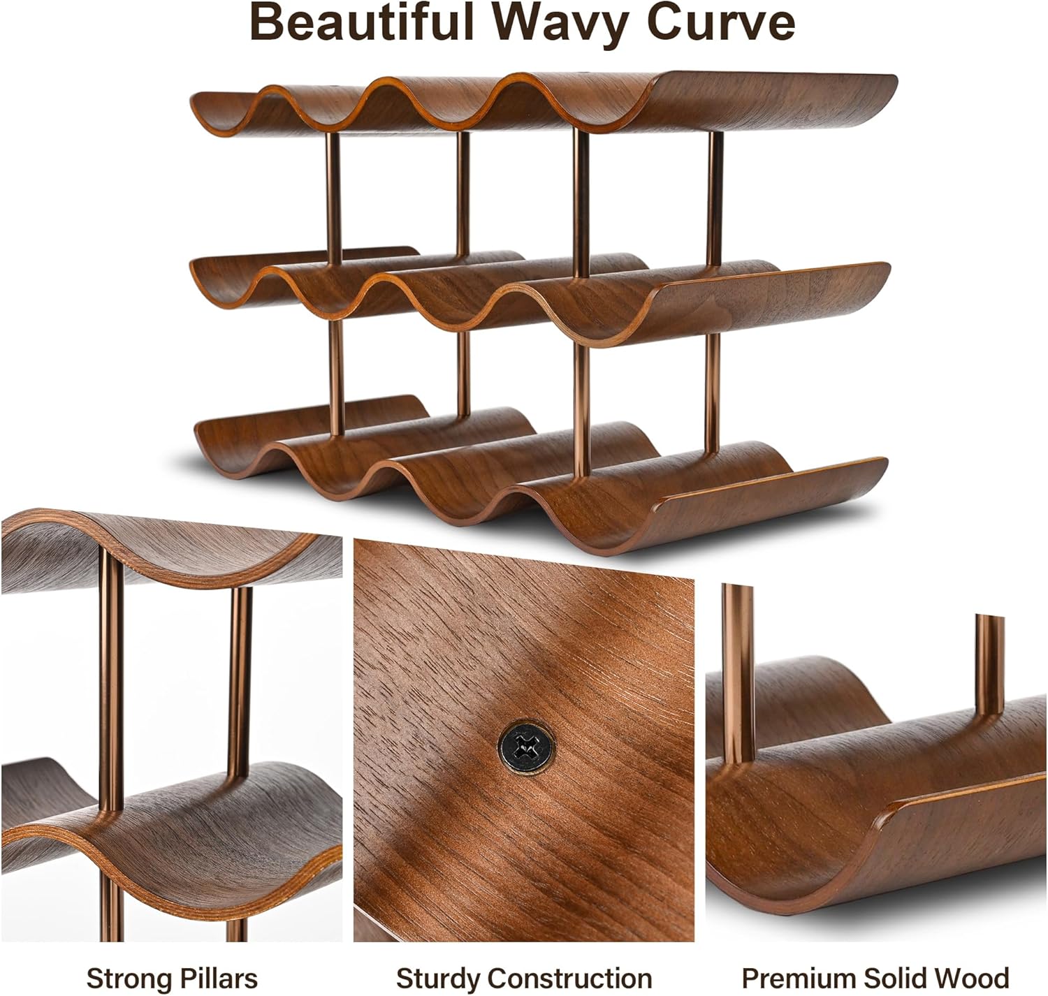 TRUDING 12-Bottle Wavy Walnut Wine Rack