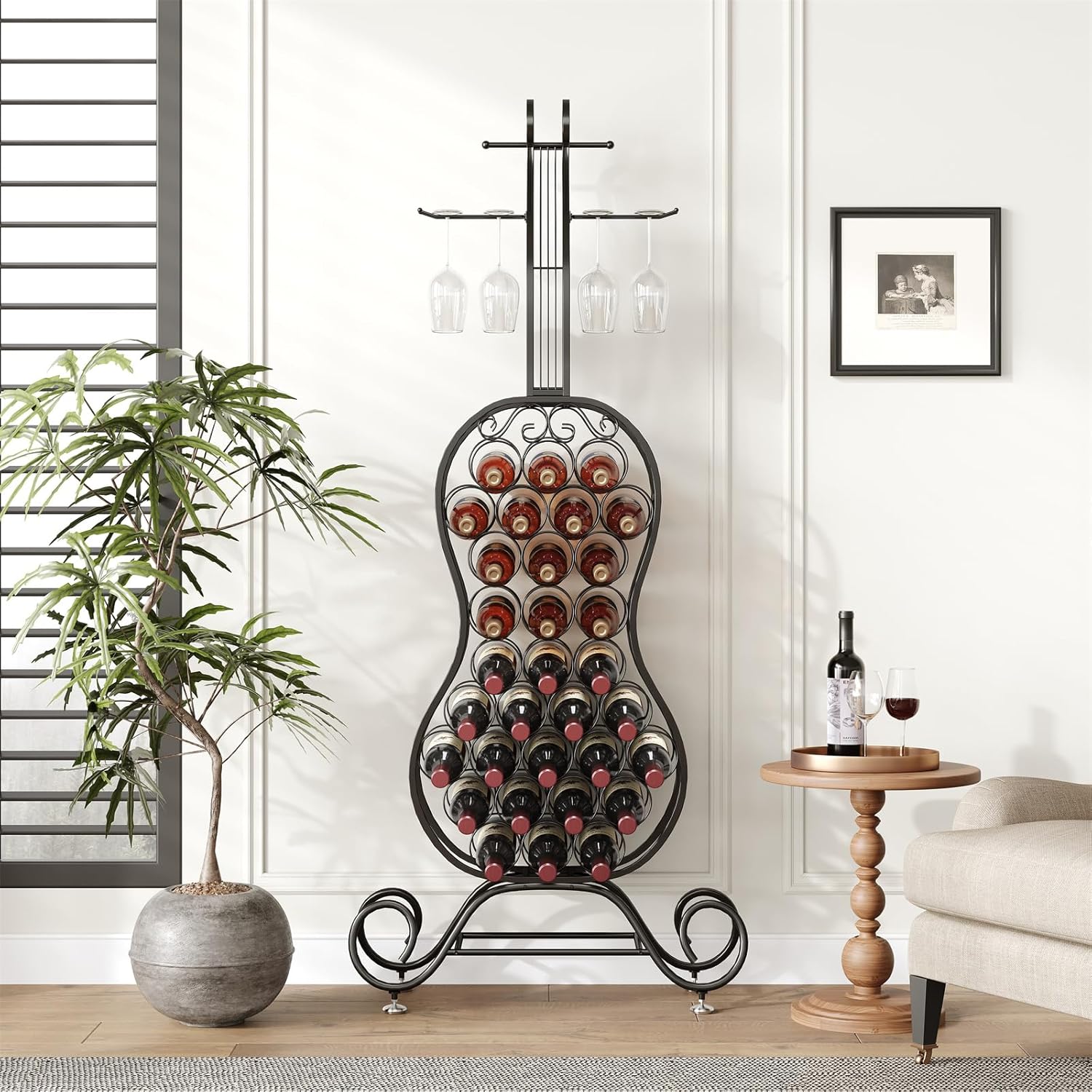 HavenlyYouth 32-Bottle Freestanding Wine Rack - Black Metal Wine Holder