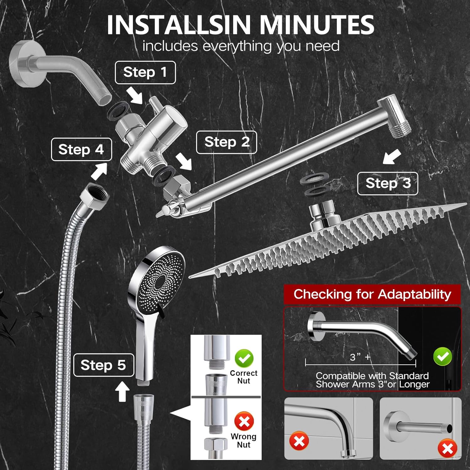 Ashwanth 12 High Pressure Square Shower Combo with 3-Way Diverter 6ft Hose