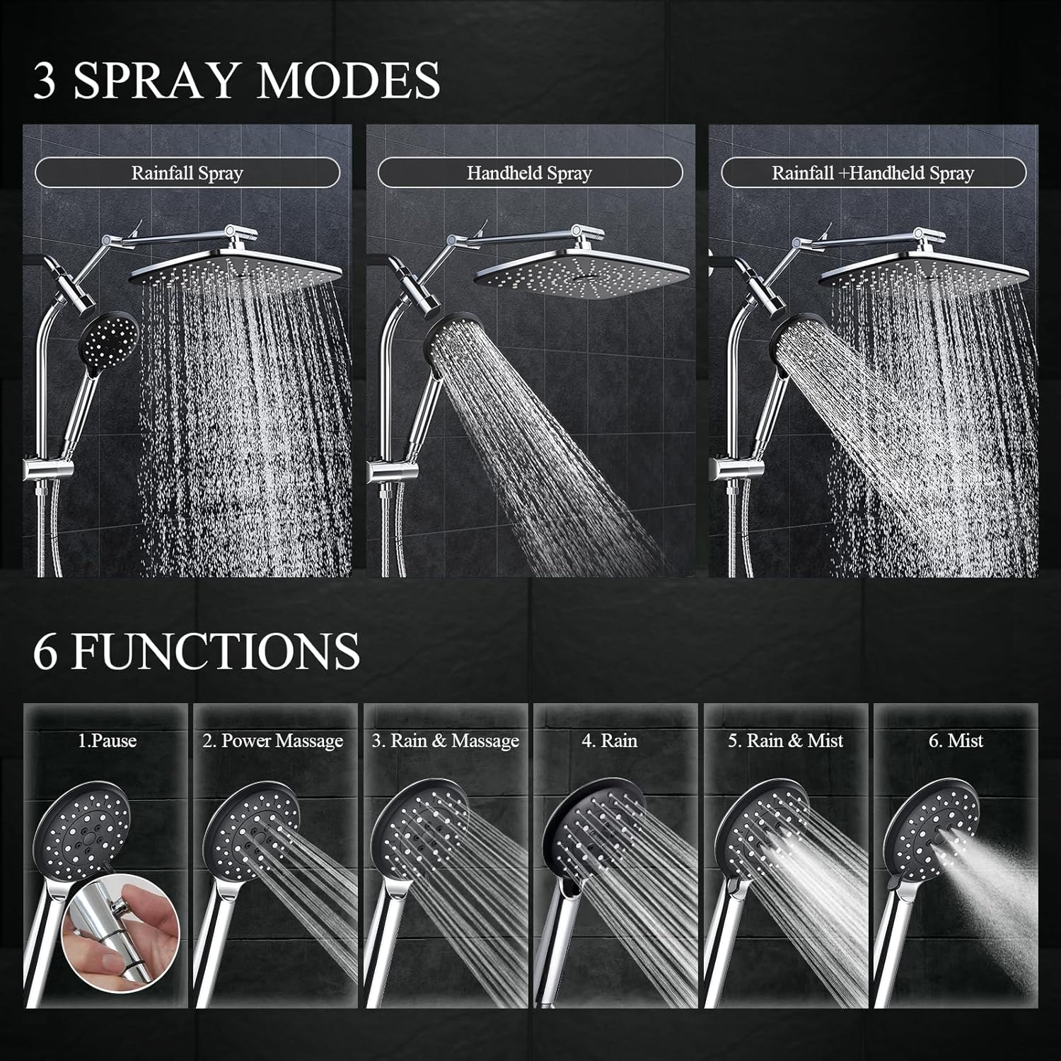 Veken 118 Inch Shower Head with 6 Modes and Adjustable Slide Bar