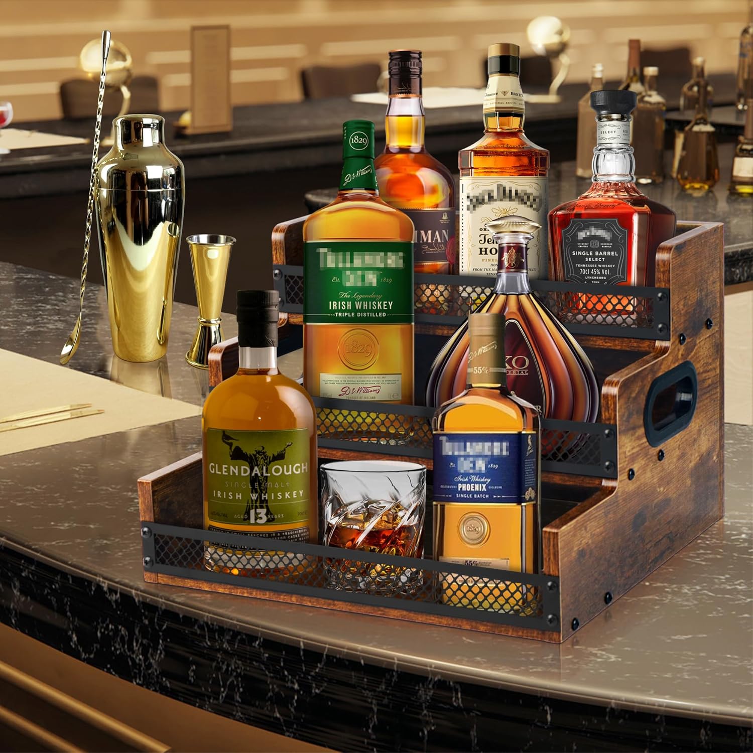 Alyoen 3 Tier Liquor Display Shelf with Fences Handles 1
