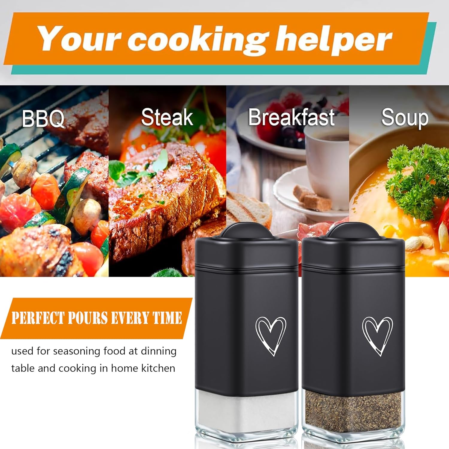 Salt Pepper Shakers Set Stainless Steel Glass Moisture-Proof Heart Design