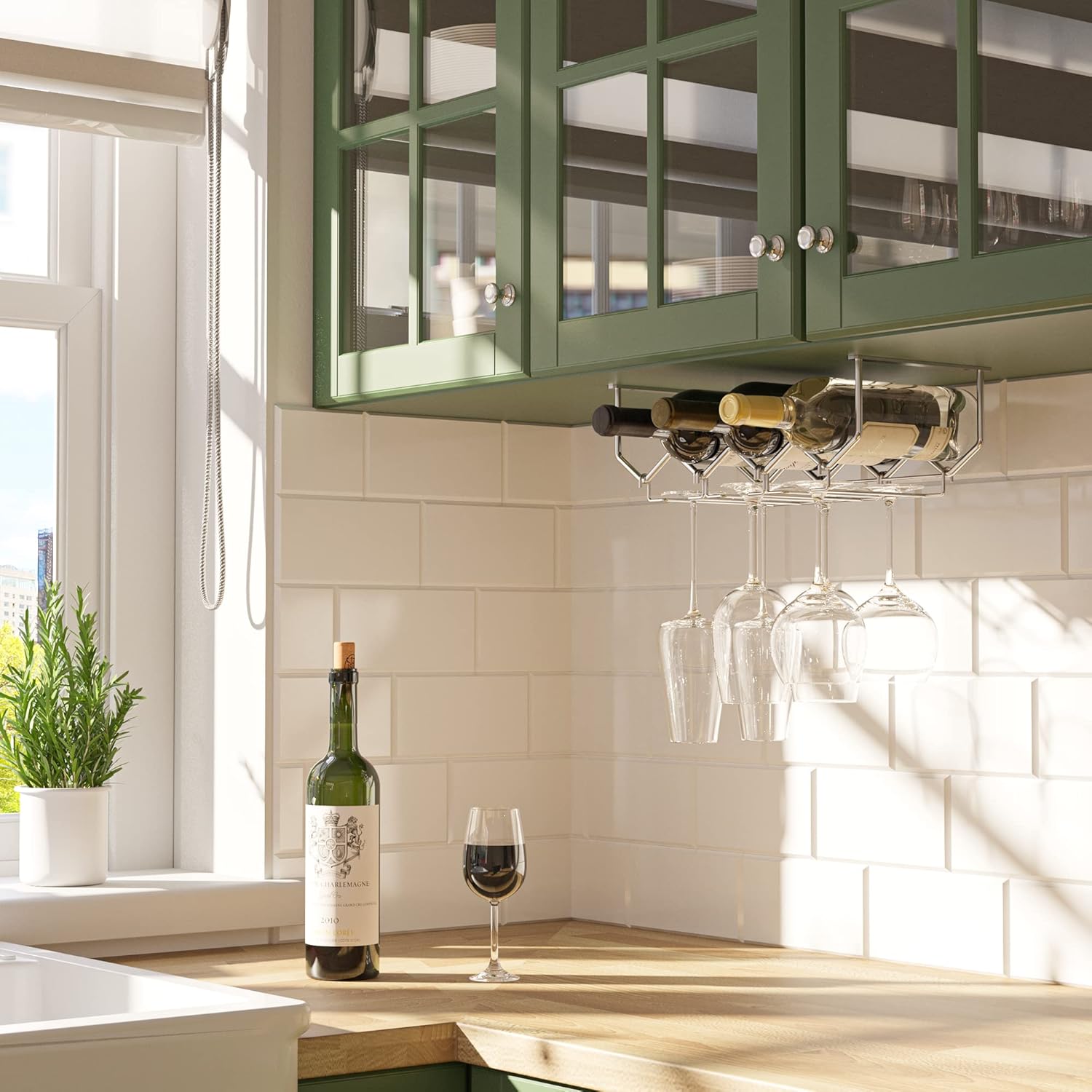 Wallniture Piccola Under Cabinet Wine Rack and Glasses Holder
