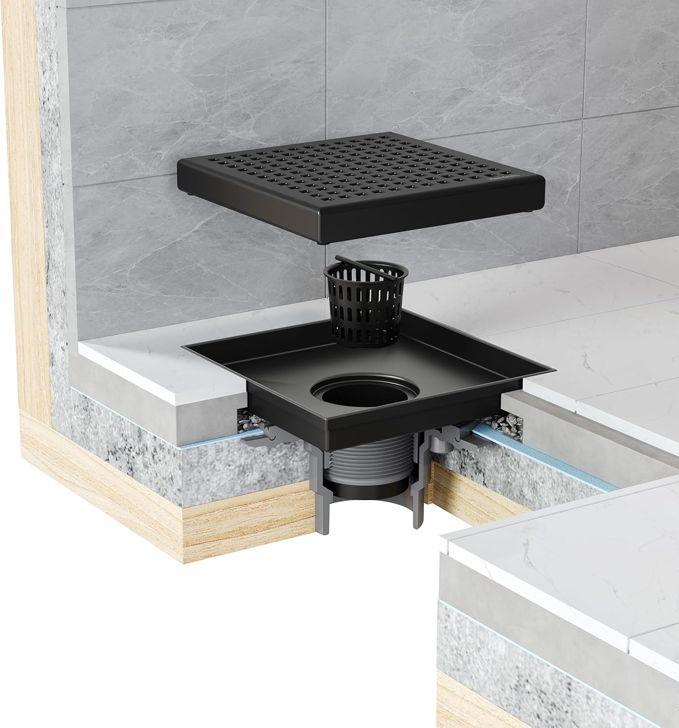 Neodrain 6 Inch Square Shower Drain with Matte Black Grate