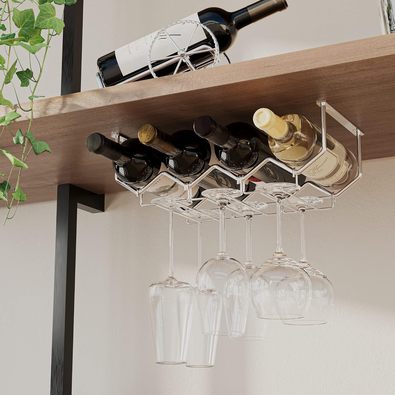 Wallniture Piccola Under Cabinet Wine Rack and Glasses Holder