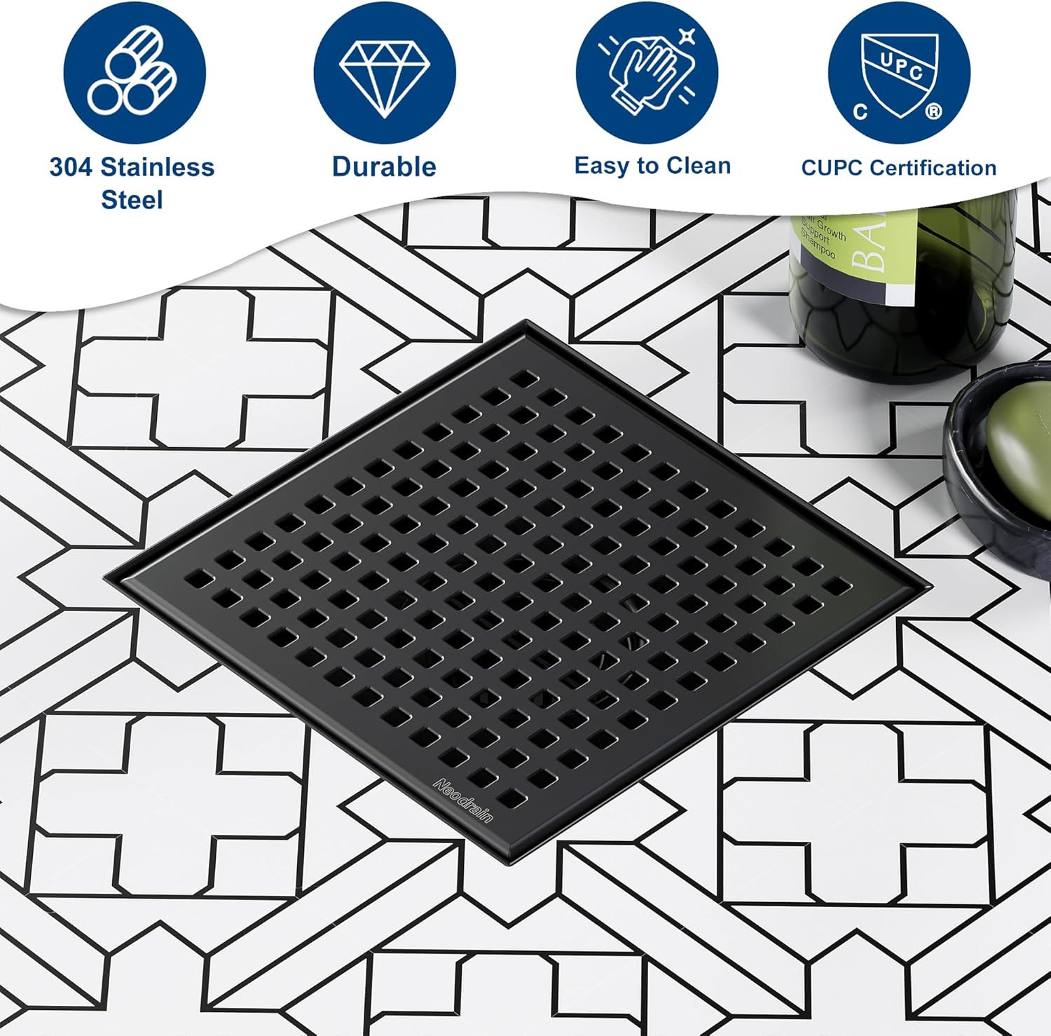 Neodrain 6 Inch Square Shower Drain with Matte Black Grate