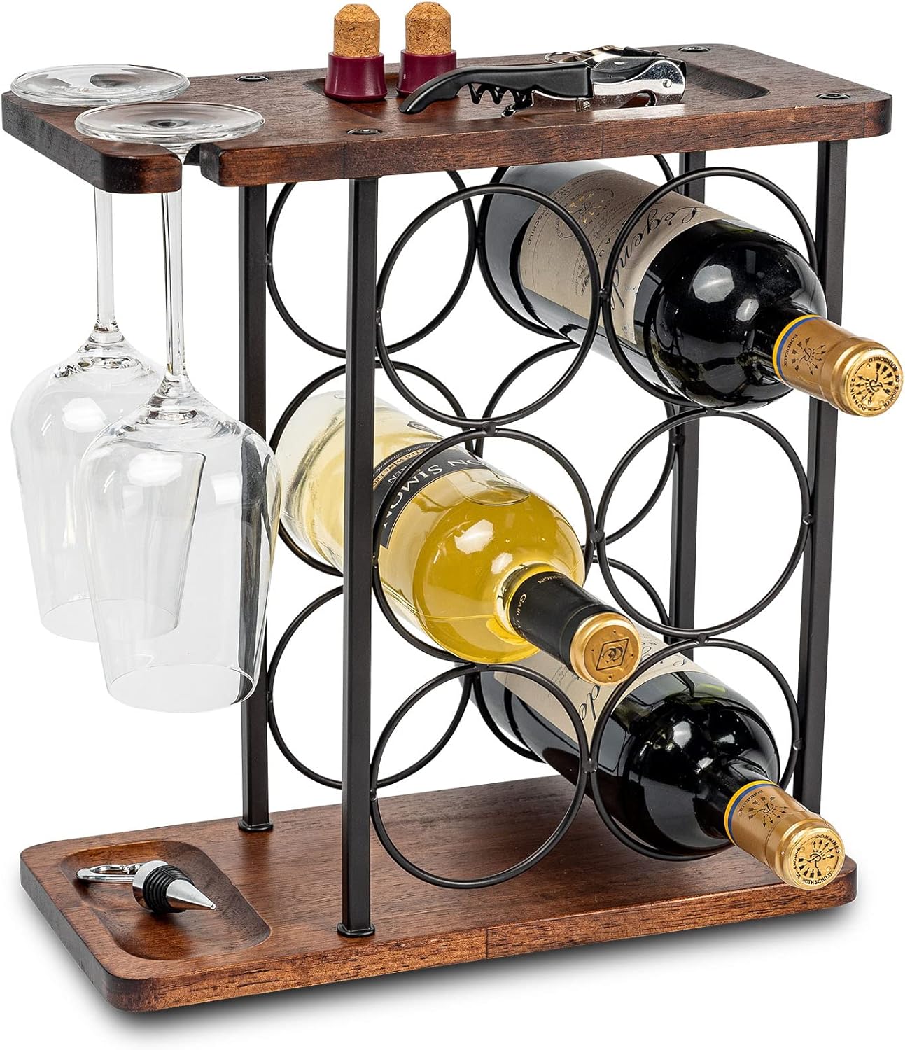SASIDO Wooden Wine Rack with Tray and Glasses Holder
