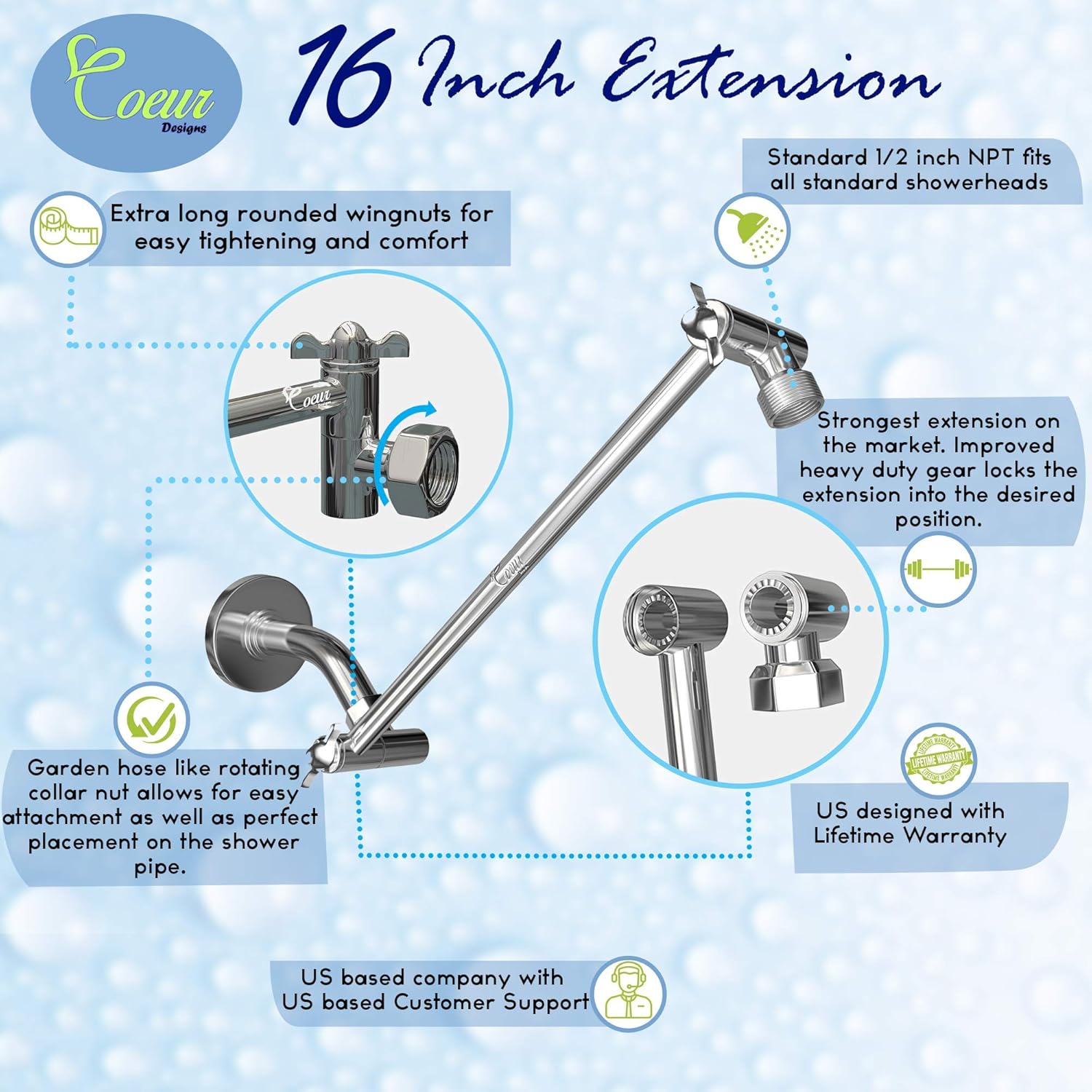 16-Inch Brass Shower Extension Arm with Adjustable Locking Gear