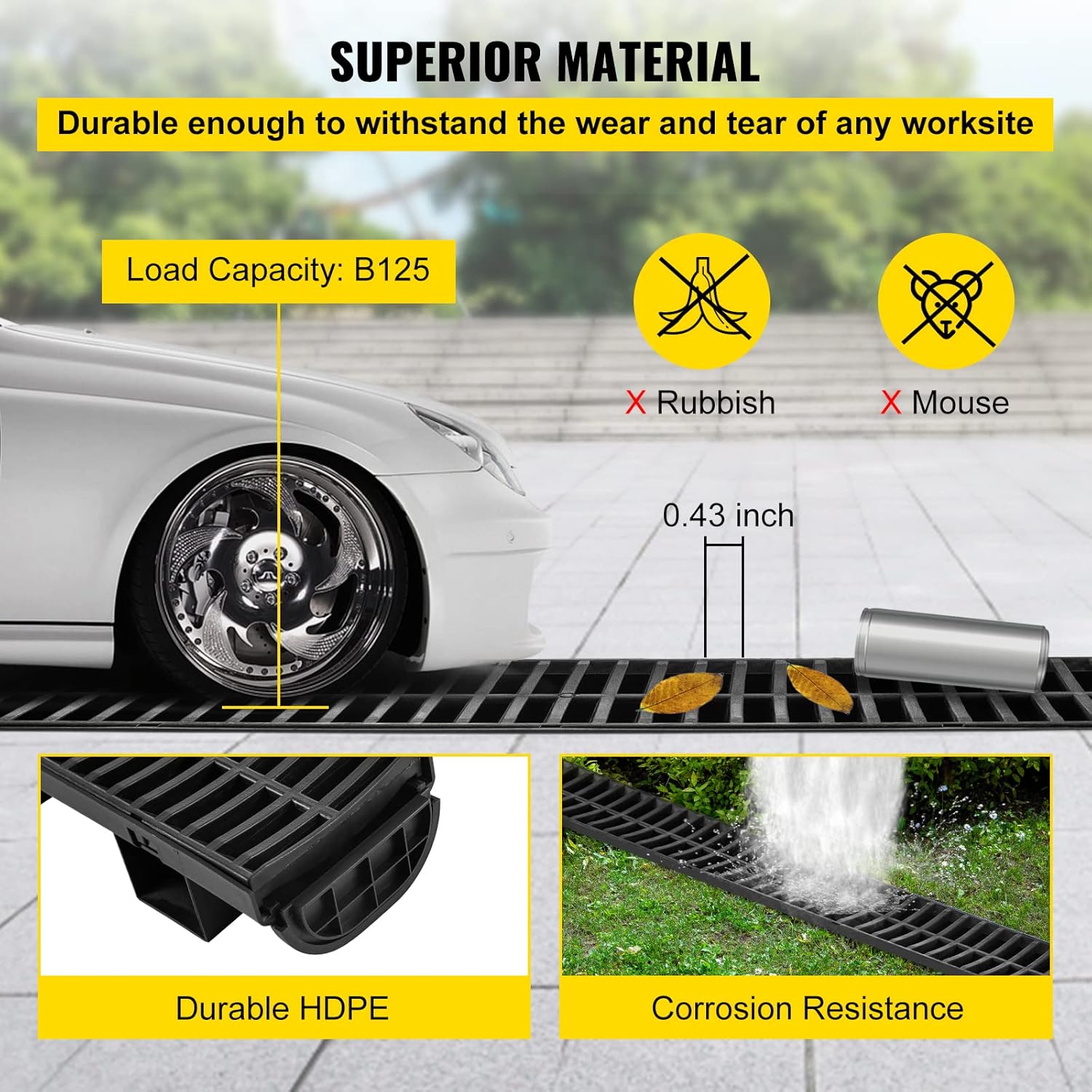 VEVOR Trench Drain System 57x31-Inch HDPE Black 5-Pack