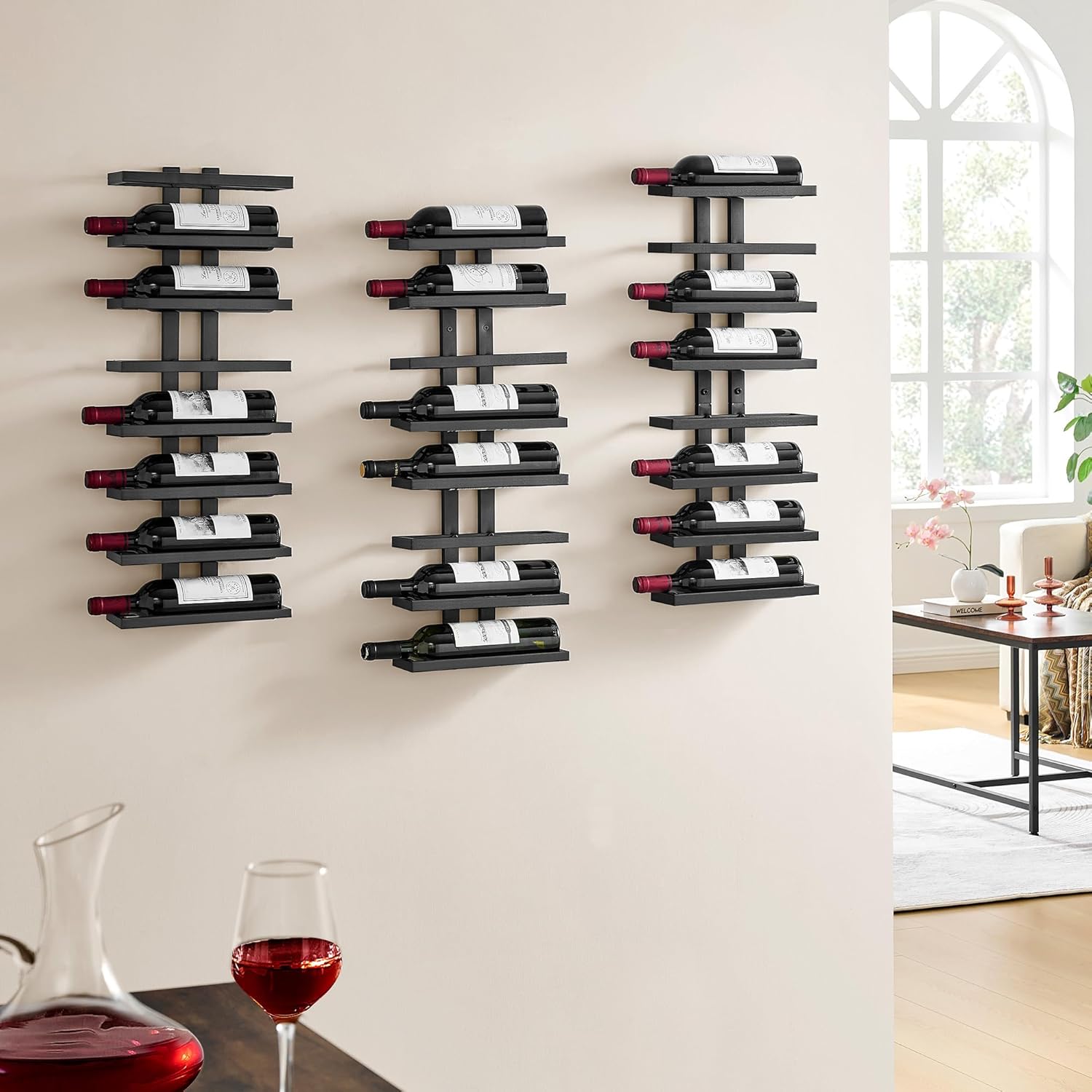Hoctieon 3-Set 8 Tier Wall Mounted Wine Rack Black