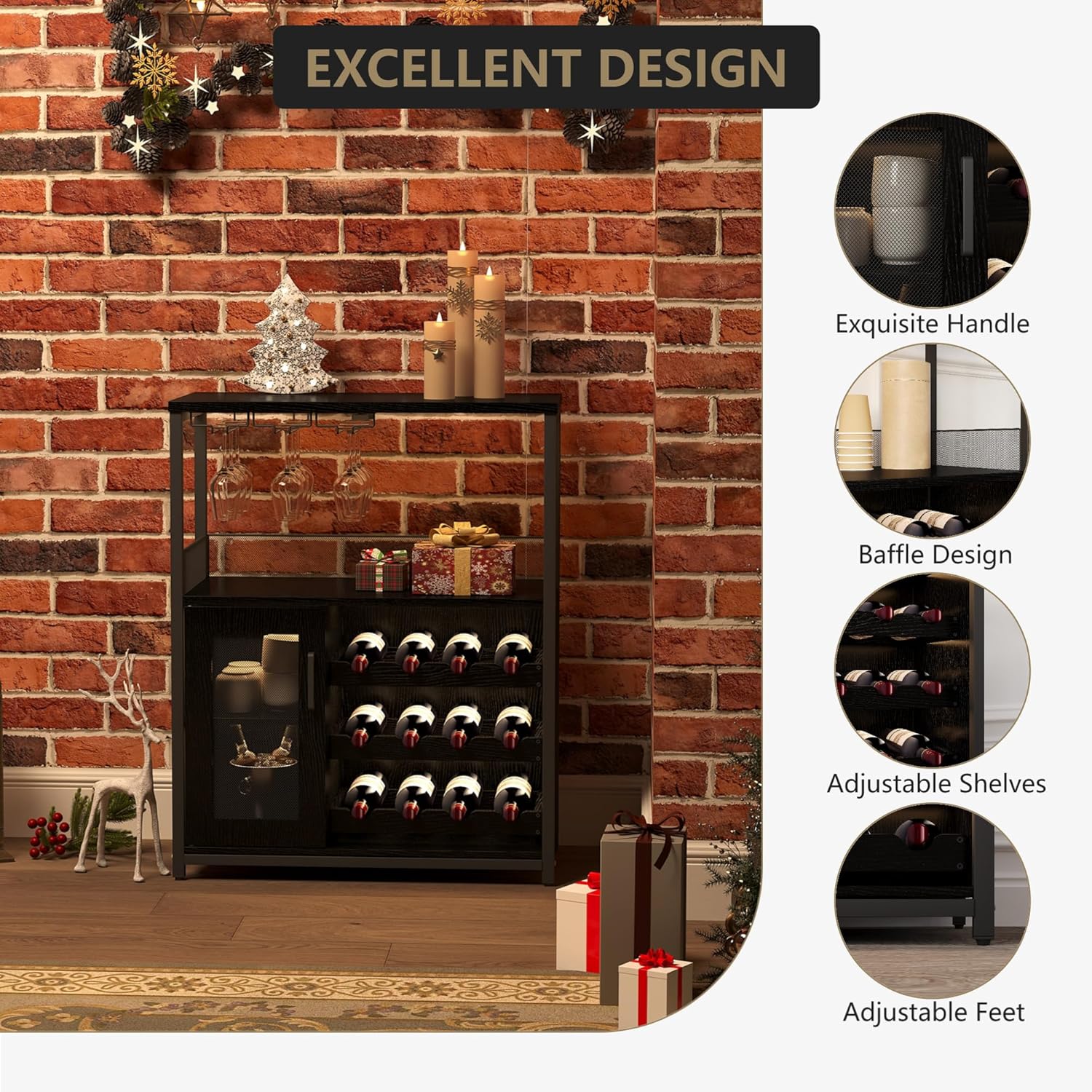MilleLoom Wine Bar Cabinet with Glass Holder and Detachable Racks
